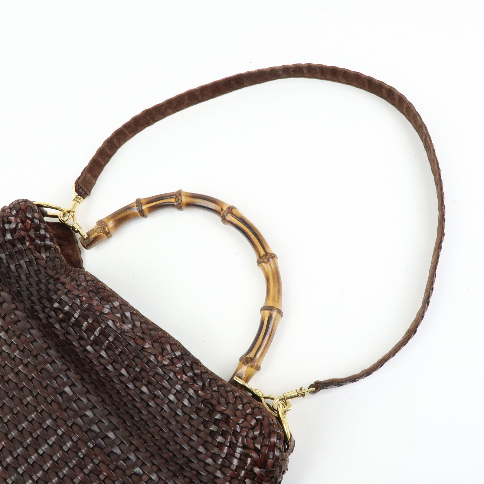 GUCCI Bamboo Leather 2Way Bag Hand Bag Shoulder Bag Brown 001.2404
