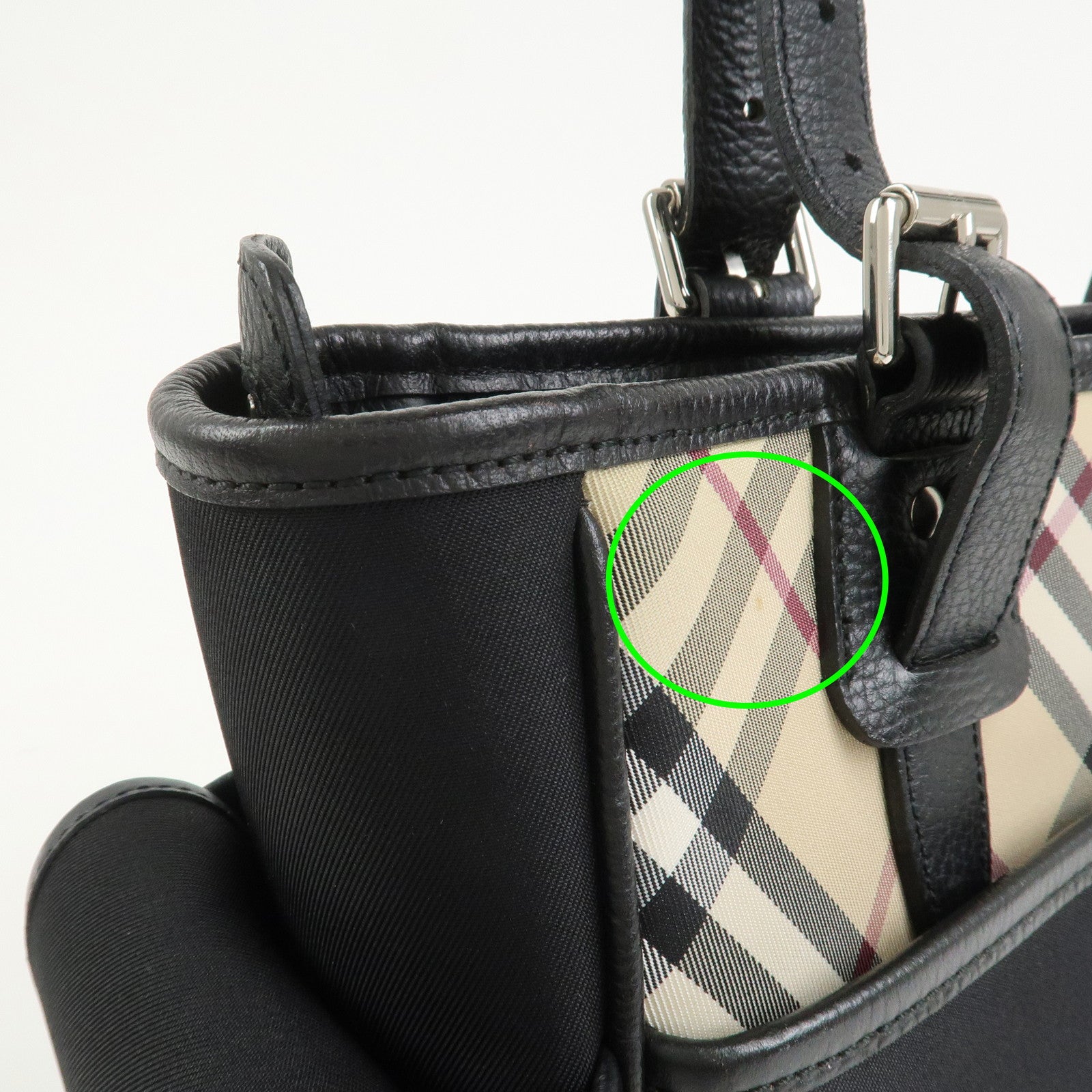 BURBERRY Nova Plaid Nylon Leather Tote Bag Hand bag Black