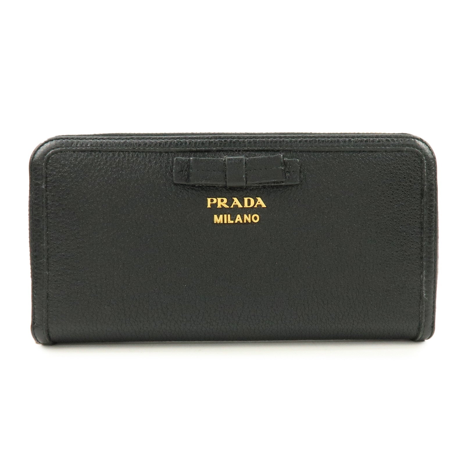PRADA Ribbon Logo Leather Round Zippy Long Wallet Black