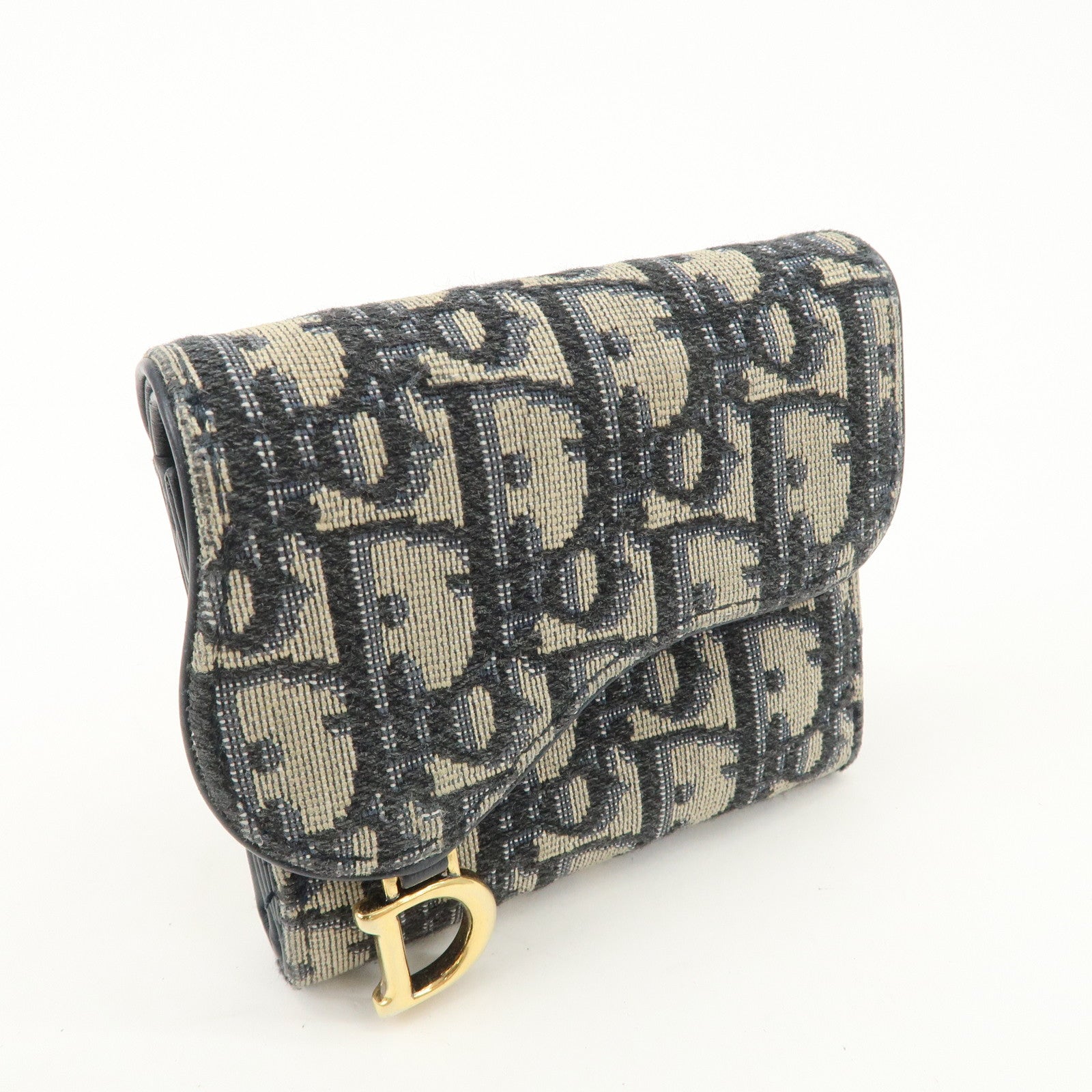 Christian Dior Trotter Canvas Leather Tri-fold Compact Wallet Navy