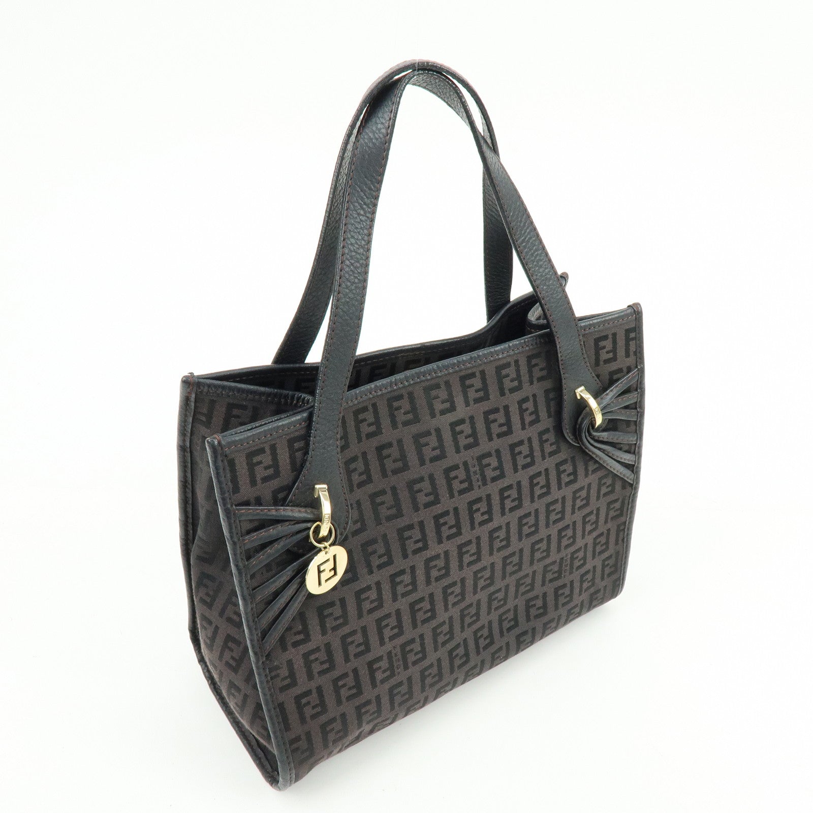 FENDI Zucchino Canvas Leather Hand Bag Tote Bag Brown 8BH152