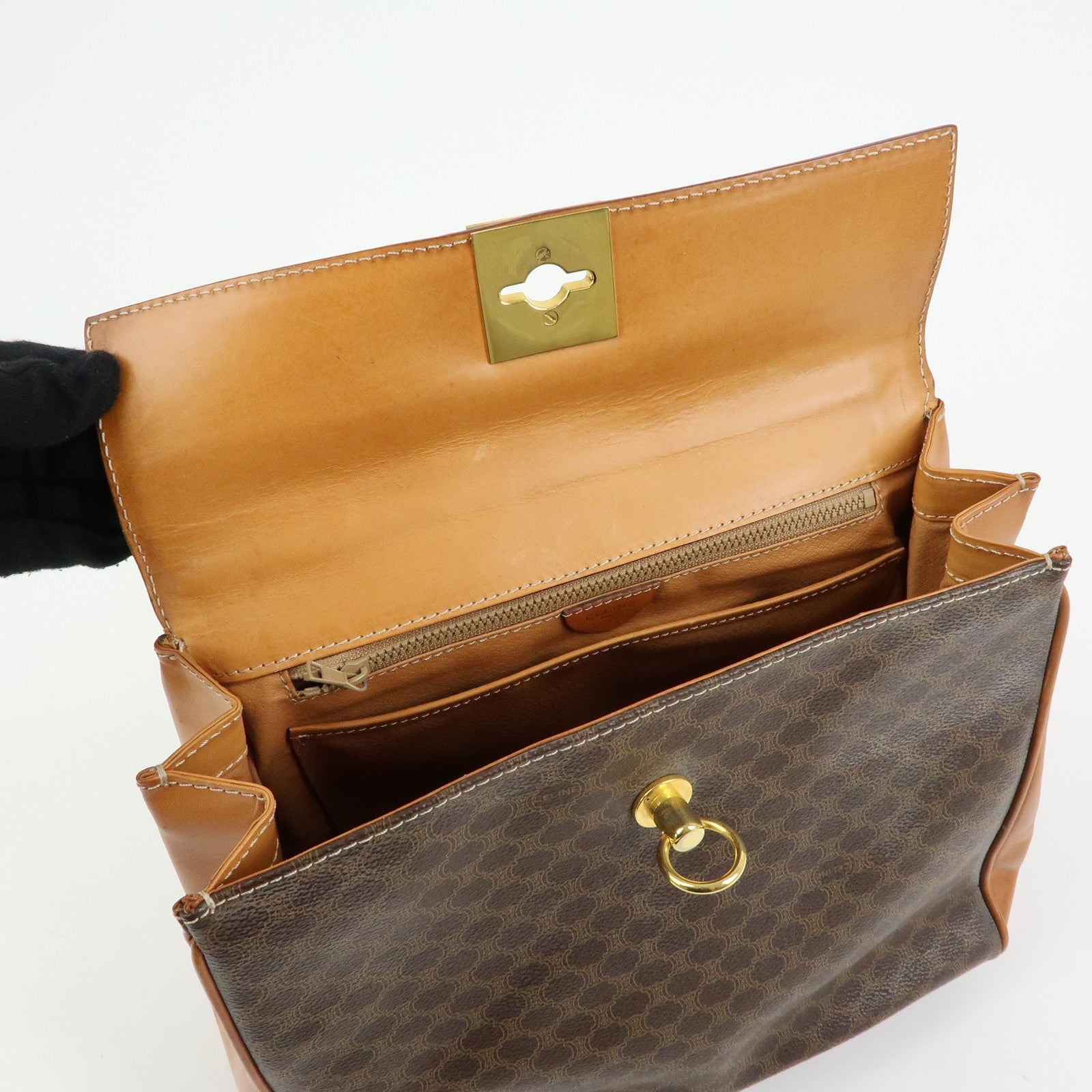 CELINE Macadam PVC Leather Hand Bag Top Handle Flap Bag Brown
