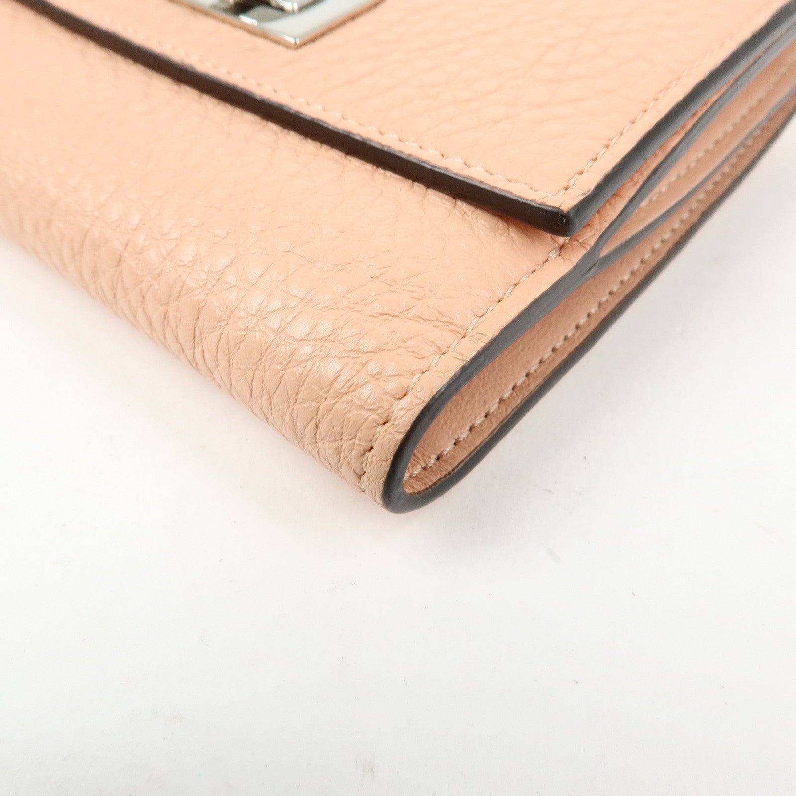FENDI Selleria Leather Tri-fold Compact Wallet Pink Beige 8M0438