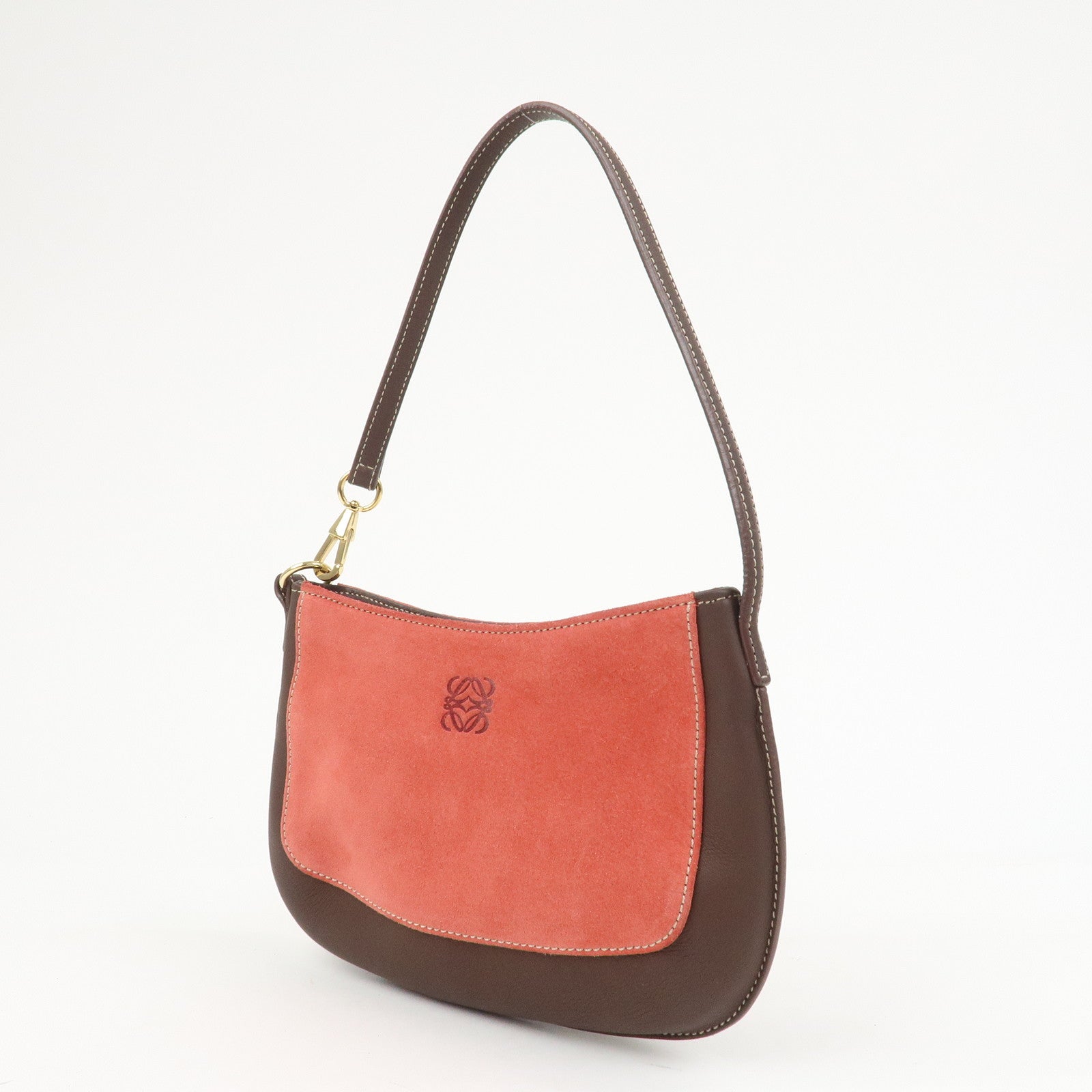 LOEWE Anagram Logo Suede Leather Accessory Pouch Hand Bag Brown Red