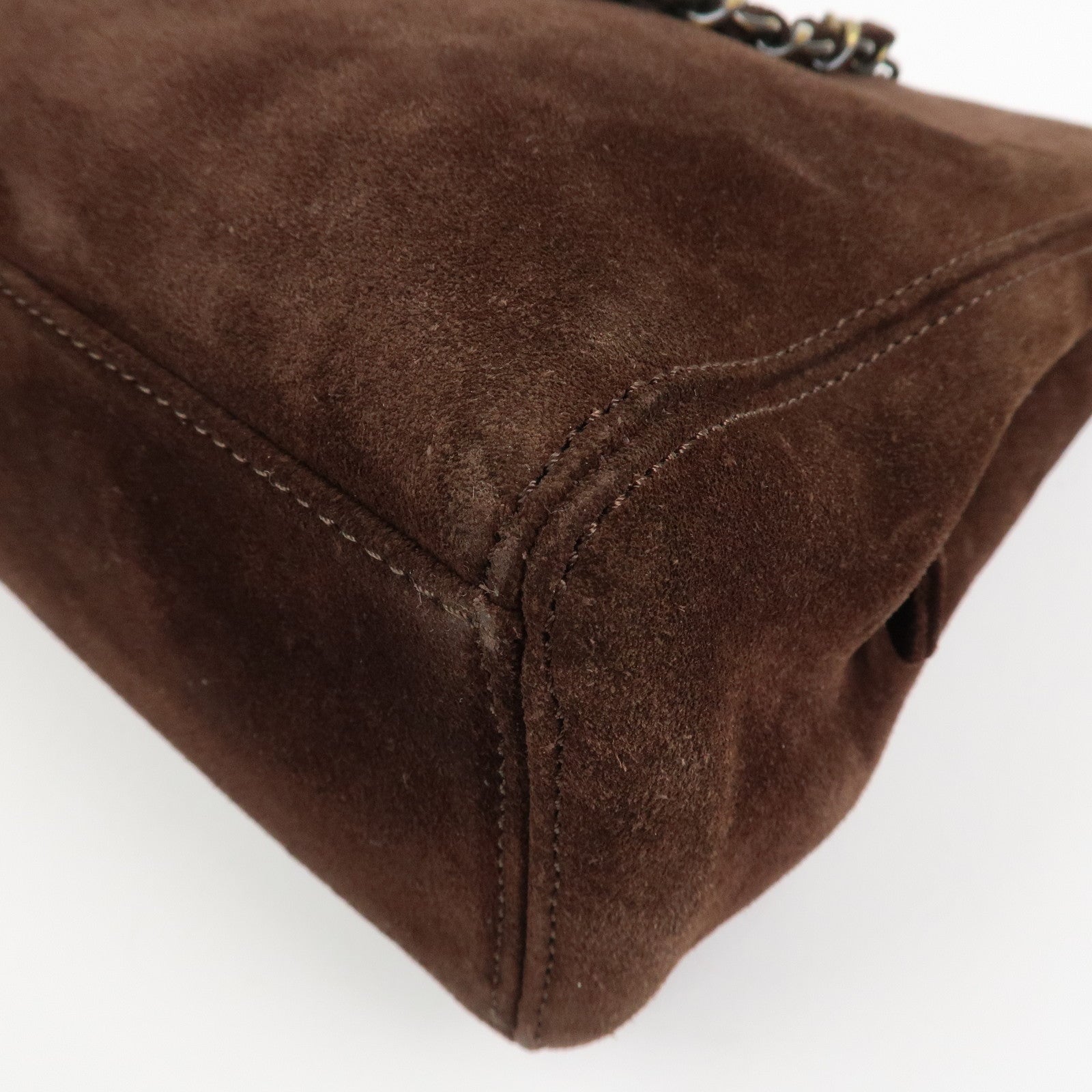 CHANEL Logo Suede Chain Tote Bag Shoulder Bag Brown