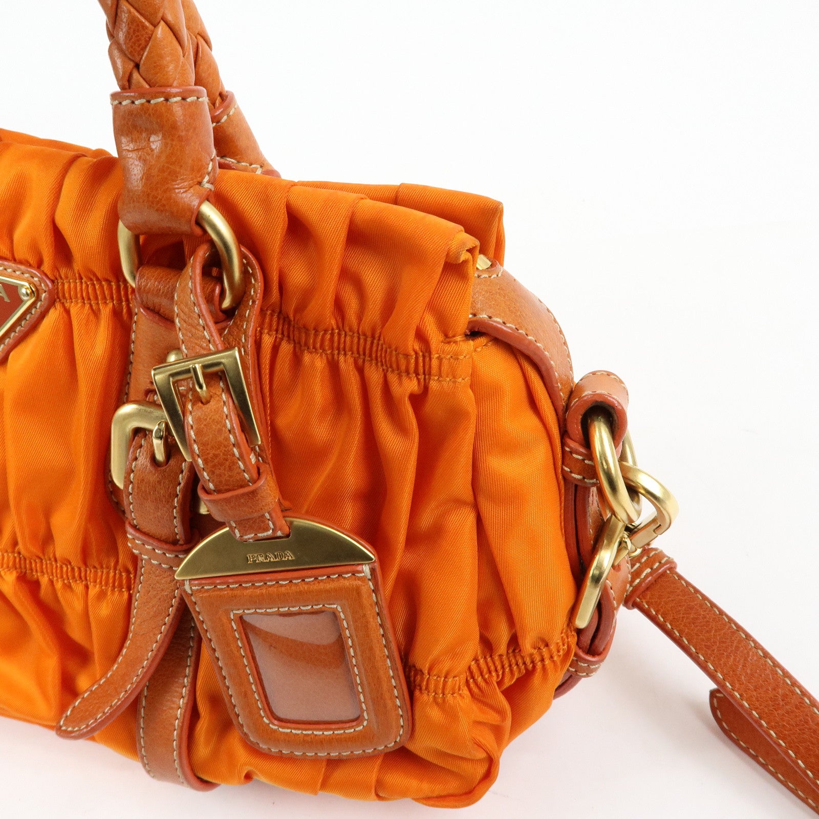 PRADA Triangle Logo Nylon Leather 2Way Bag Hand Bag Orange
