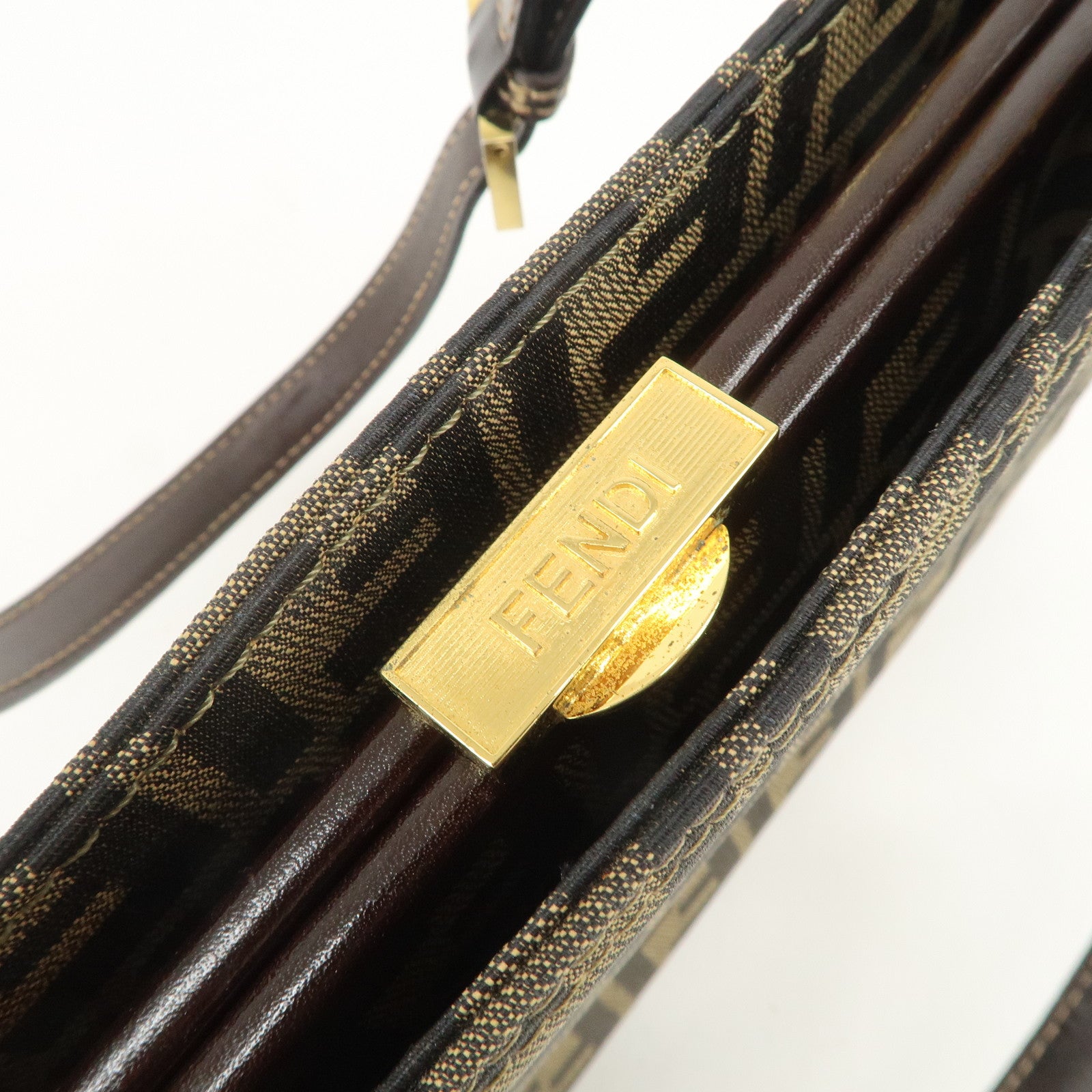 FENDI Zucca Canvas Leather Shoulder Bag Hand Bag Brown Black