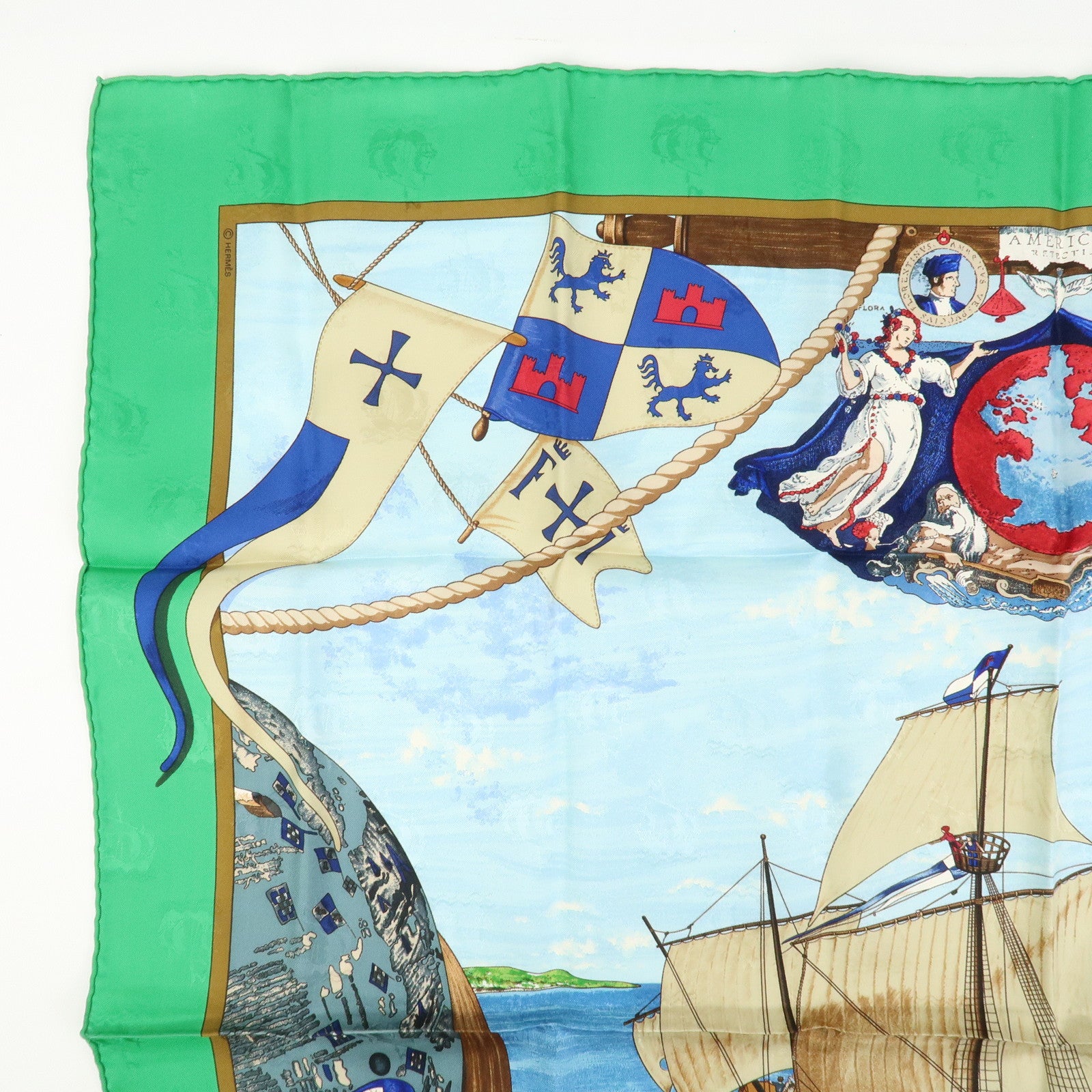 HERMES Carre 90 Silk 100% Scarf Christophe Colomb Green Blue