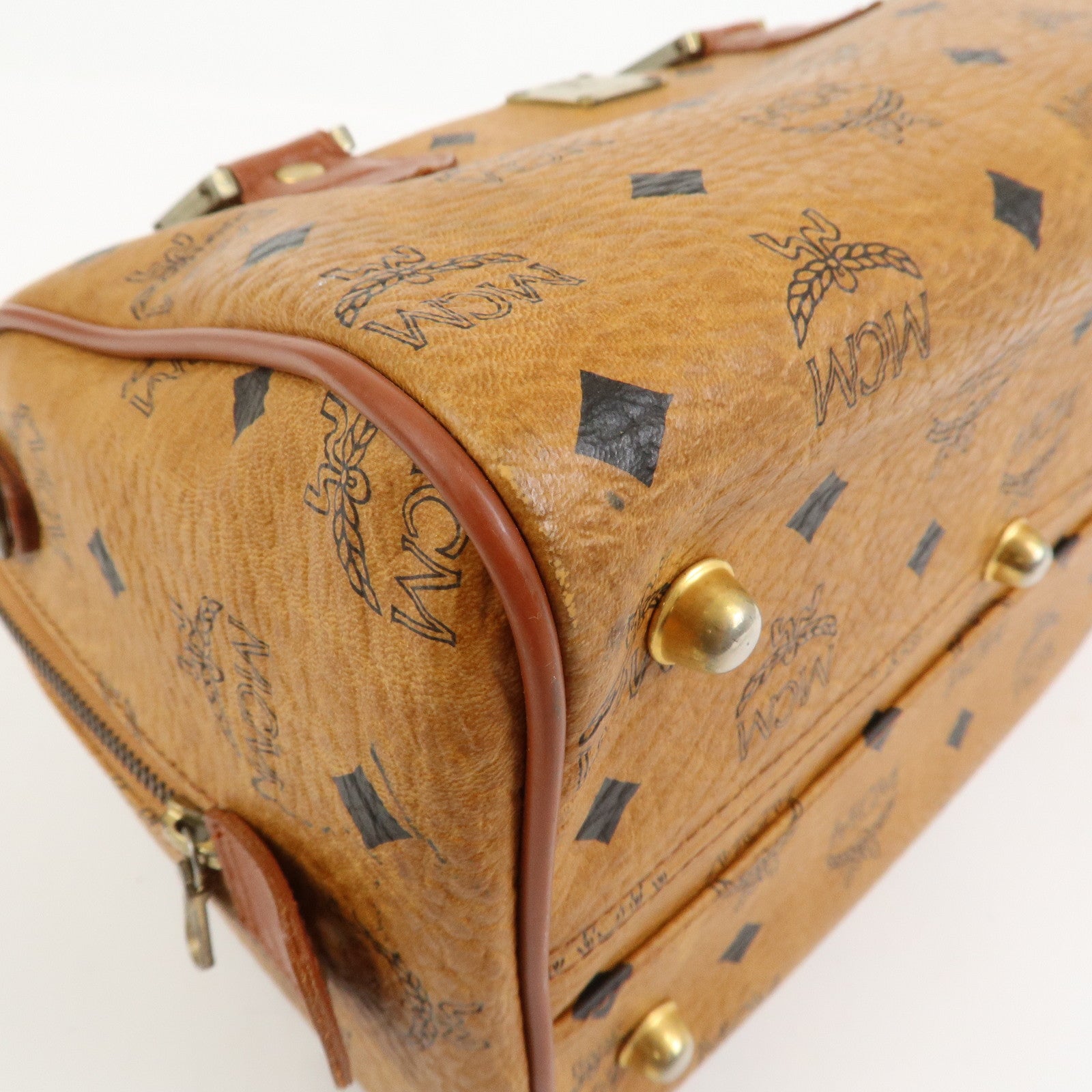 MCM Visetos Leather Boston Bag Hand Bag Brown