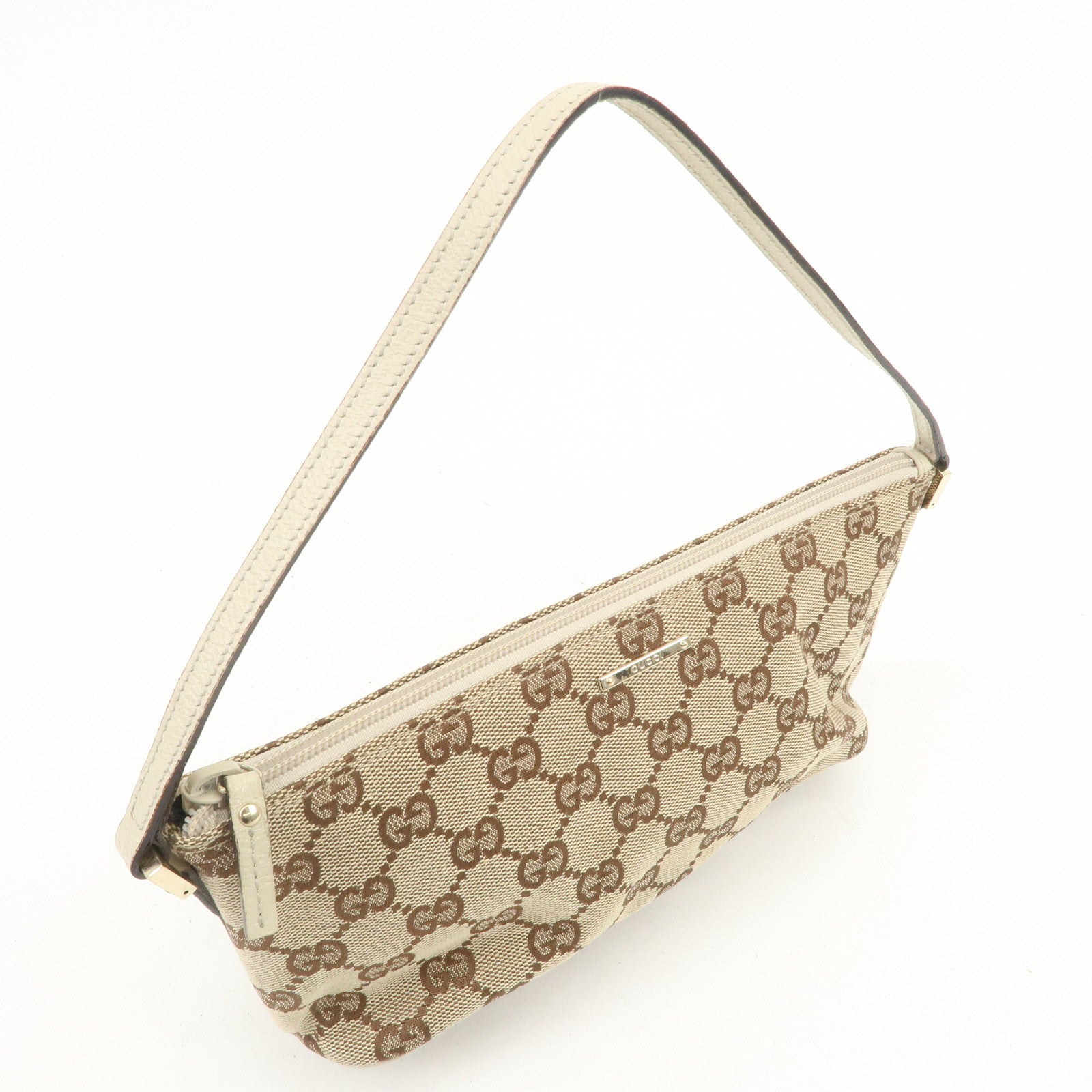 GUCCI Boat Bag GG Canvas Leather Hand Bag Pouch Brown Ivory 07198