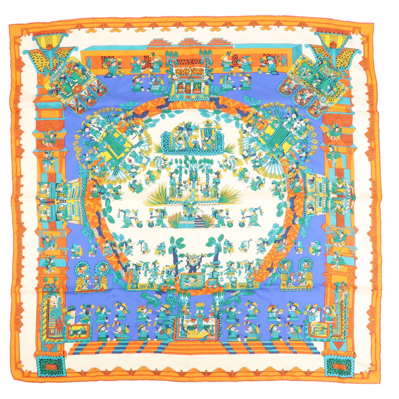 HERMES Carre 90 Silk 100% Scarf ASTRES ET SOLEILS Orange Green Blue