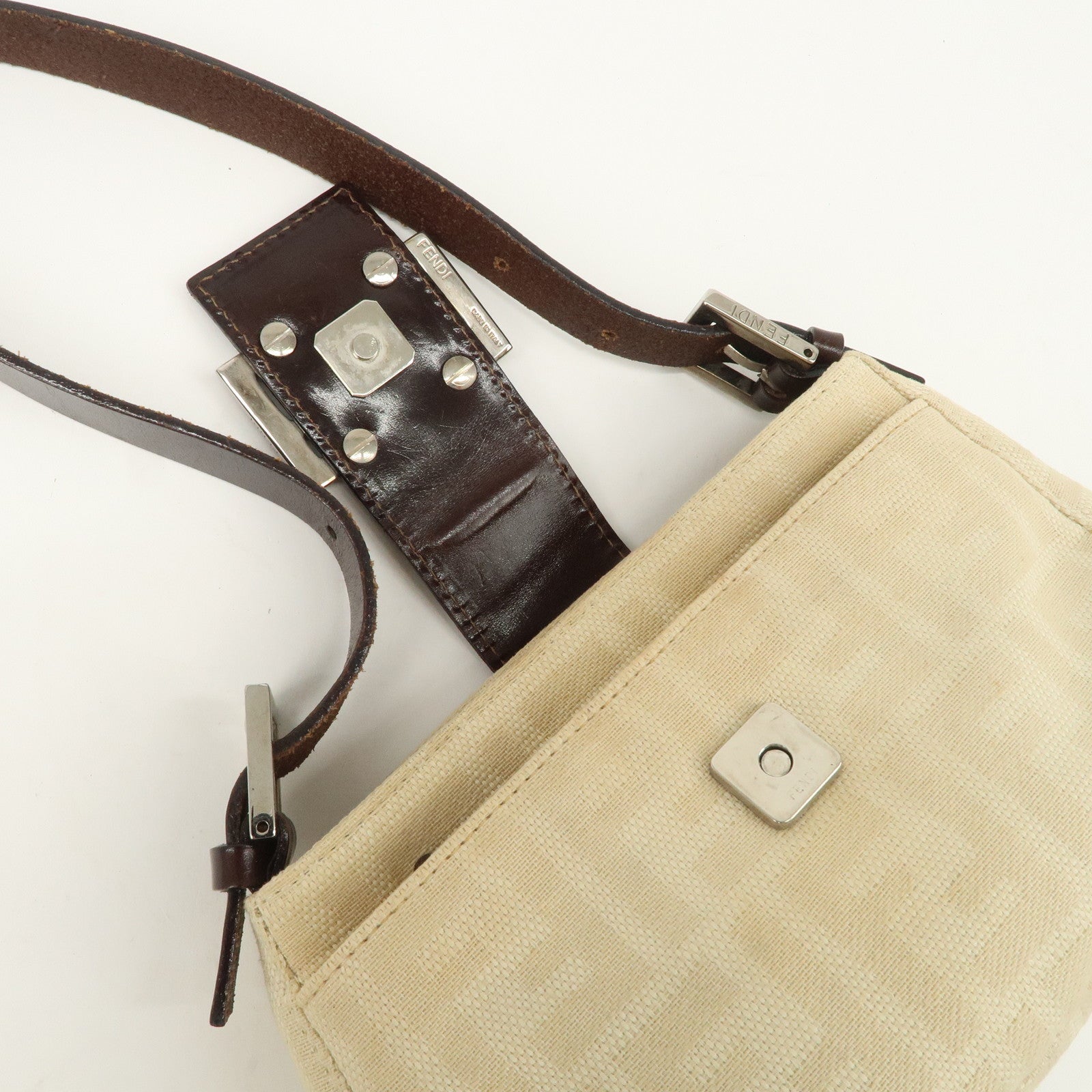 FENDI Zucca Canvas Leather Shoulder Bag Beige Brown 26723