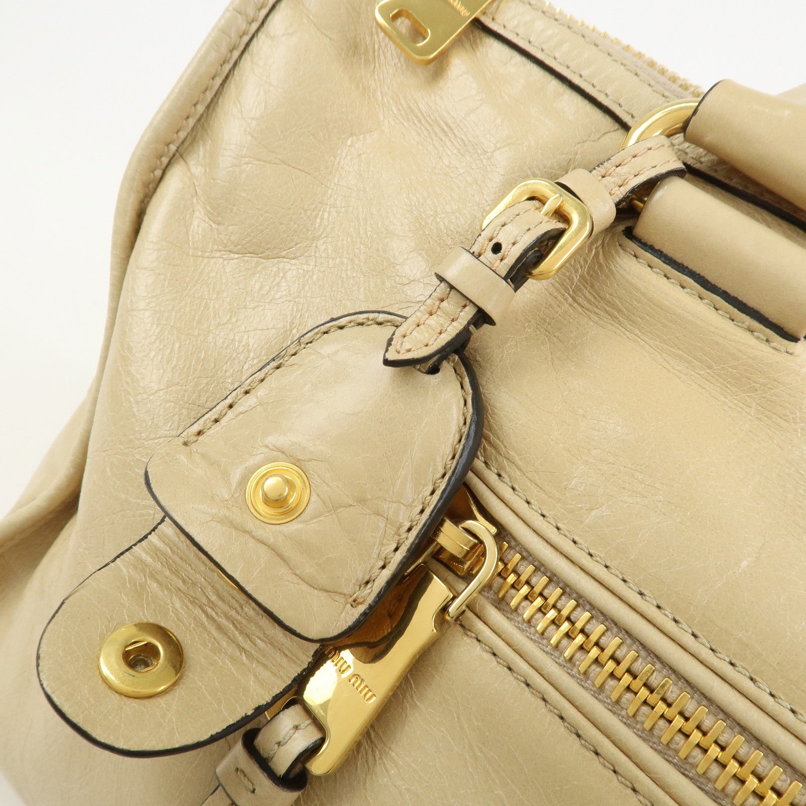 MIU MIU Logo Leather 2Way Bag Hand Bag Shoulder Bag Beige