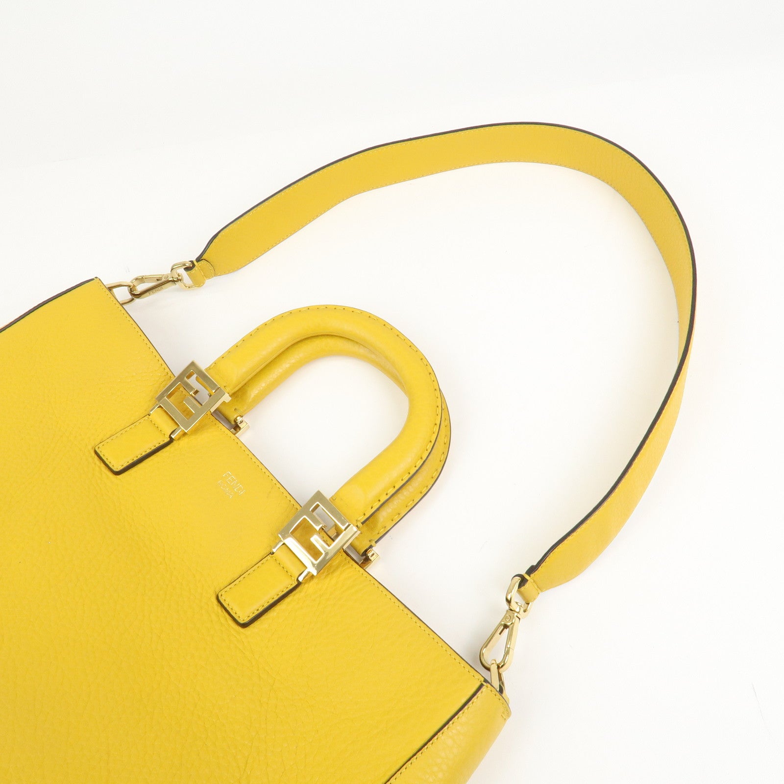 FENDI Selleria Leather 2Way Hand Tote Shoulder Bag Yellow 8BH368