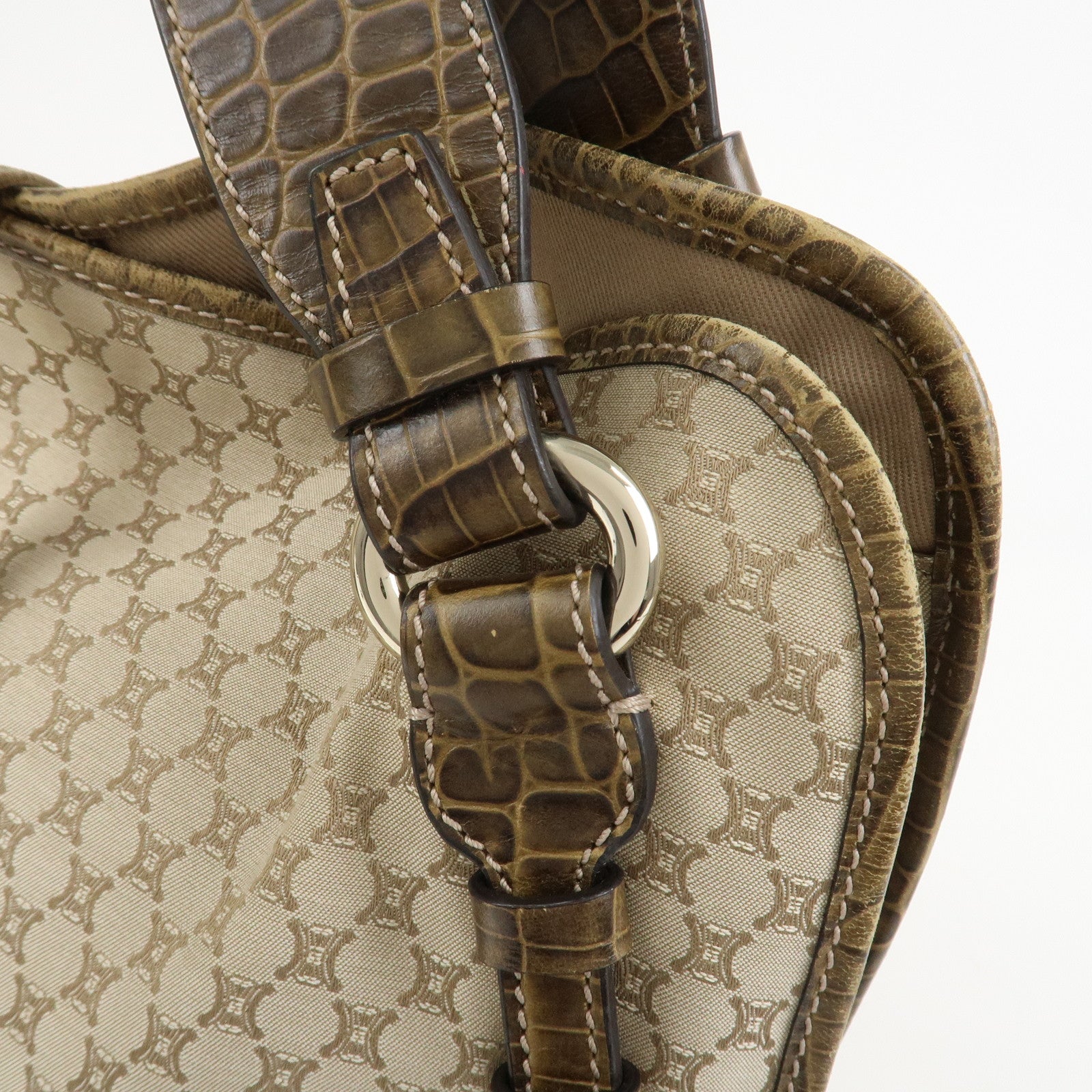CELINE Macadam Logo Canvas Emboss Leather Shoulder Bag Beige Brown