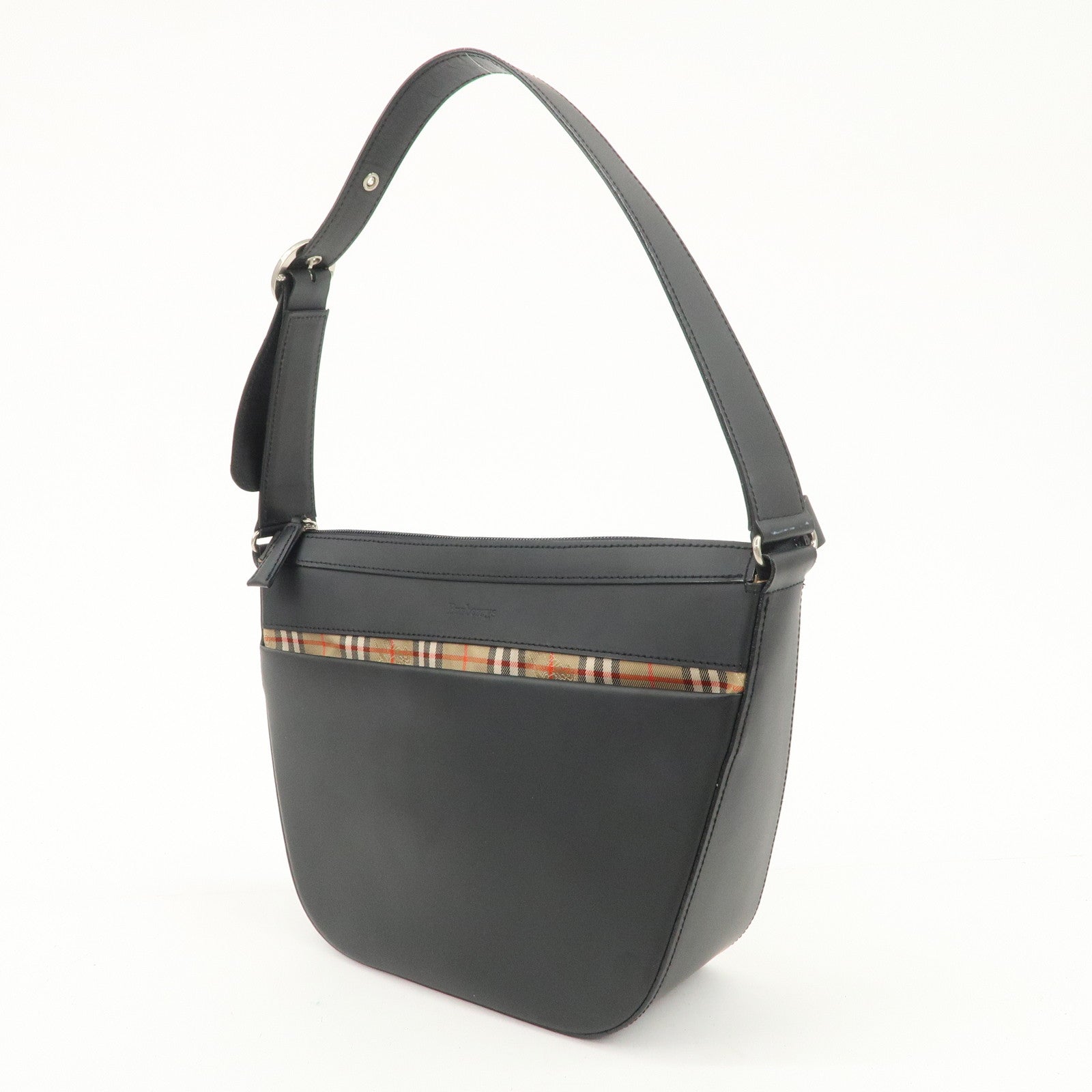 BURBERRY Logo Leather Shoulder Bag Hand Bag Nova Plaid Black Used