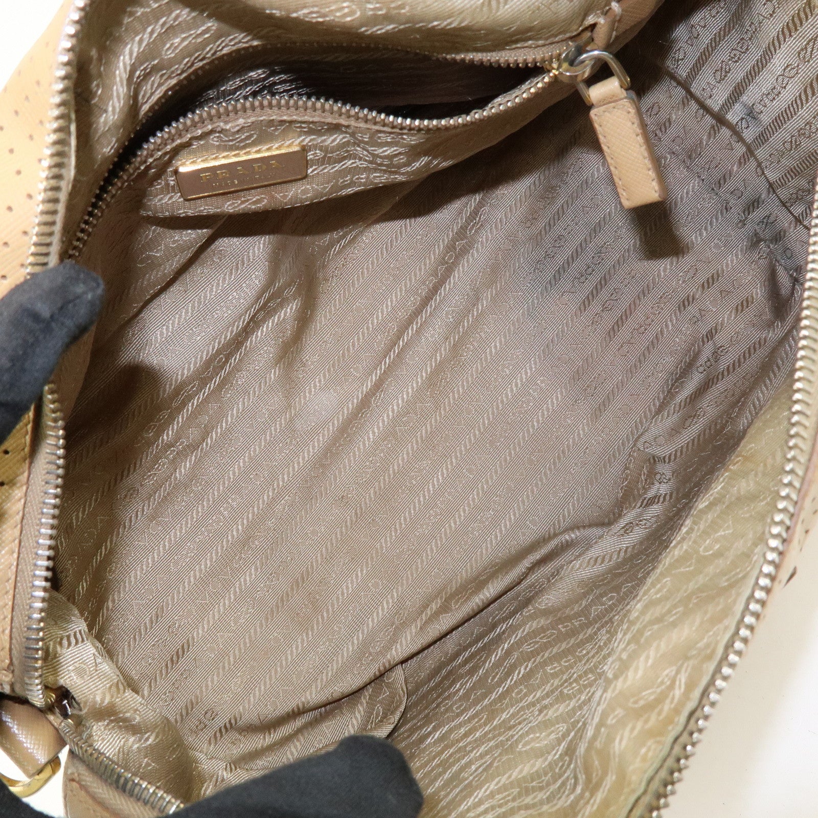 PRADA Triangle Logo Saffiano Leather Punched Boston Bag Beige