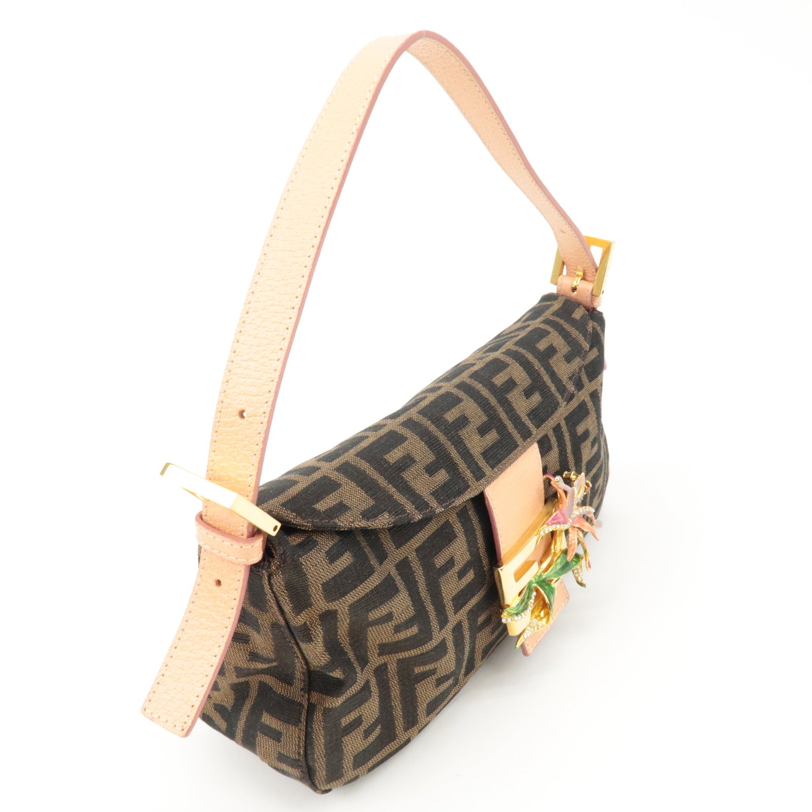 FENDI Zucca Canvas Leather Shoulder Bag Brown Pink Beige 26725 Used