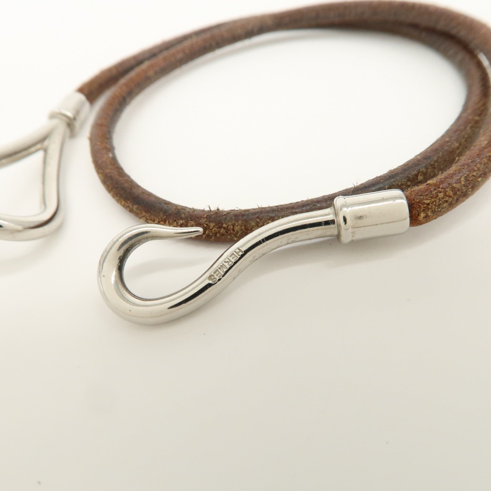 HERMES Leather Metal Jumbo Choker Bracelet Brown Silver
