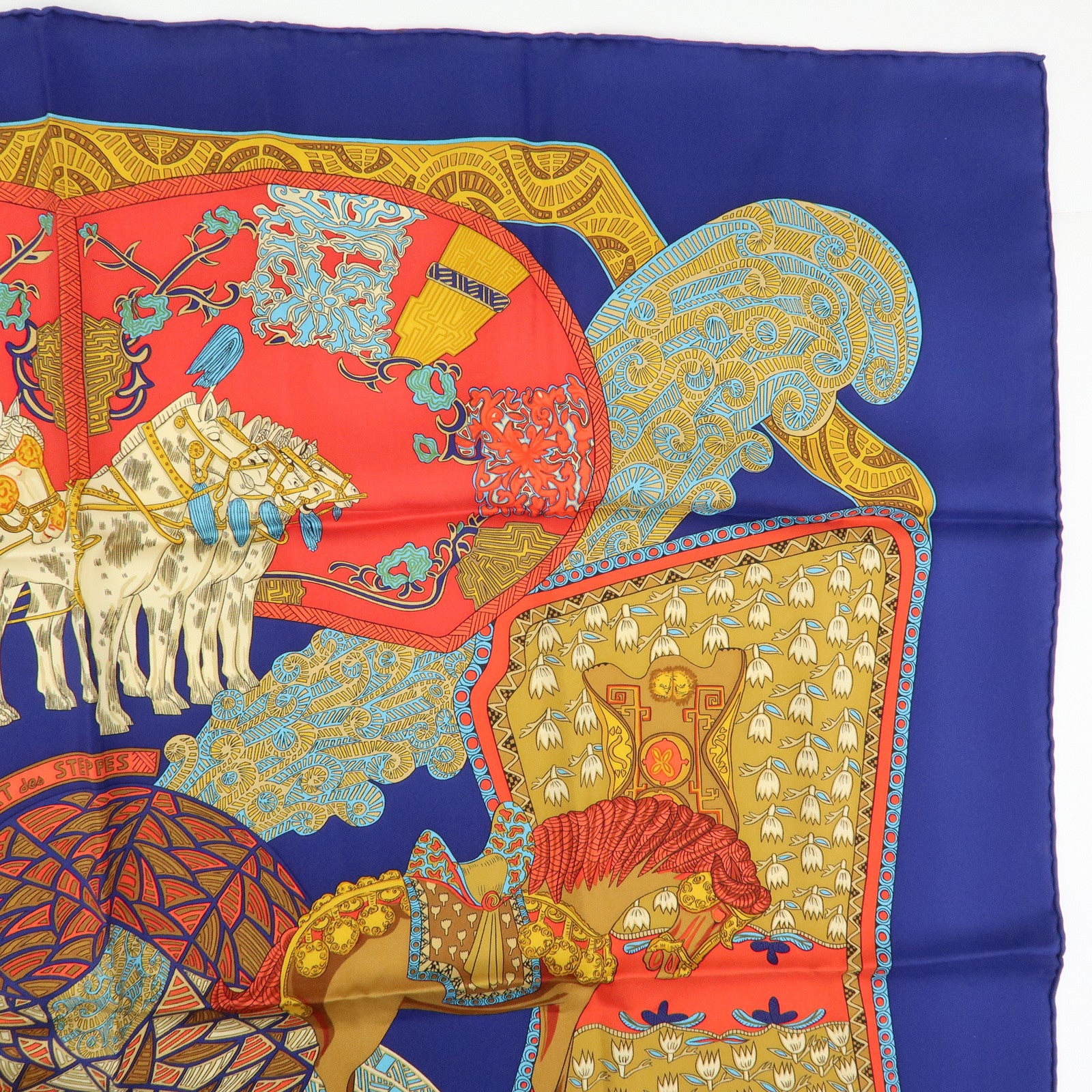 HERMES Carre 90 Silk 100% Scarf ART des STEPPES Horse Print Navy
