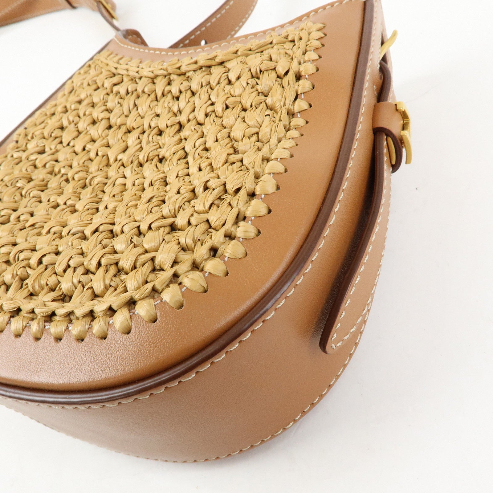 TOD'S Oboe Raffia Leather Shoulder Bag Crossbody Bag Beige Brown