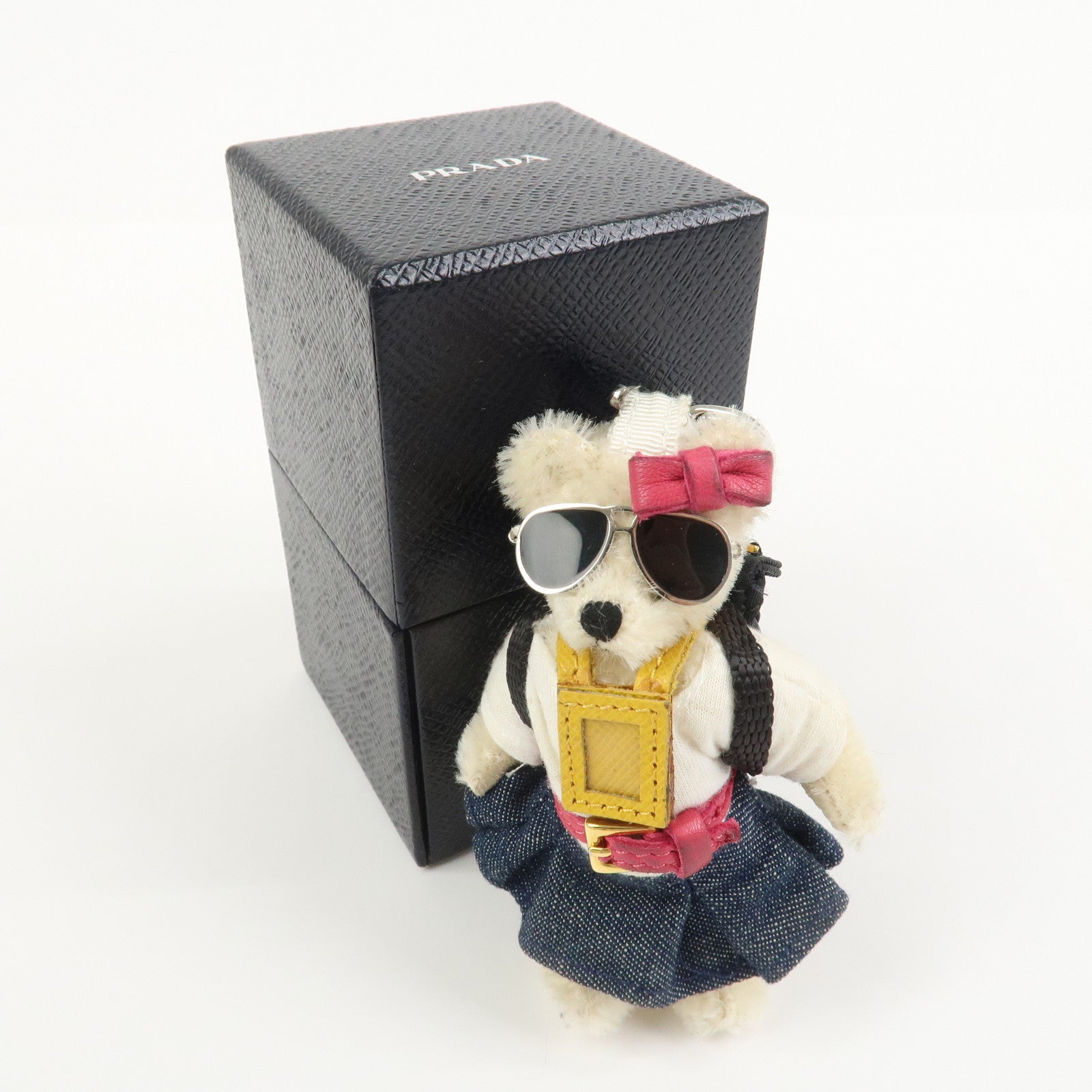 PRADA Triangle Logo Teddy Bear Bag Key Charm Denim Multicolor