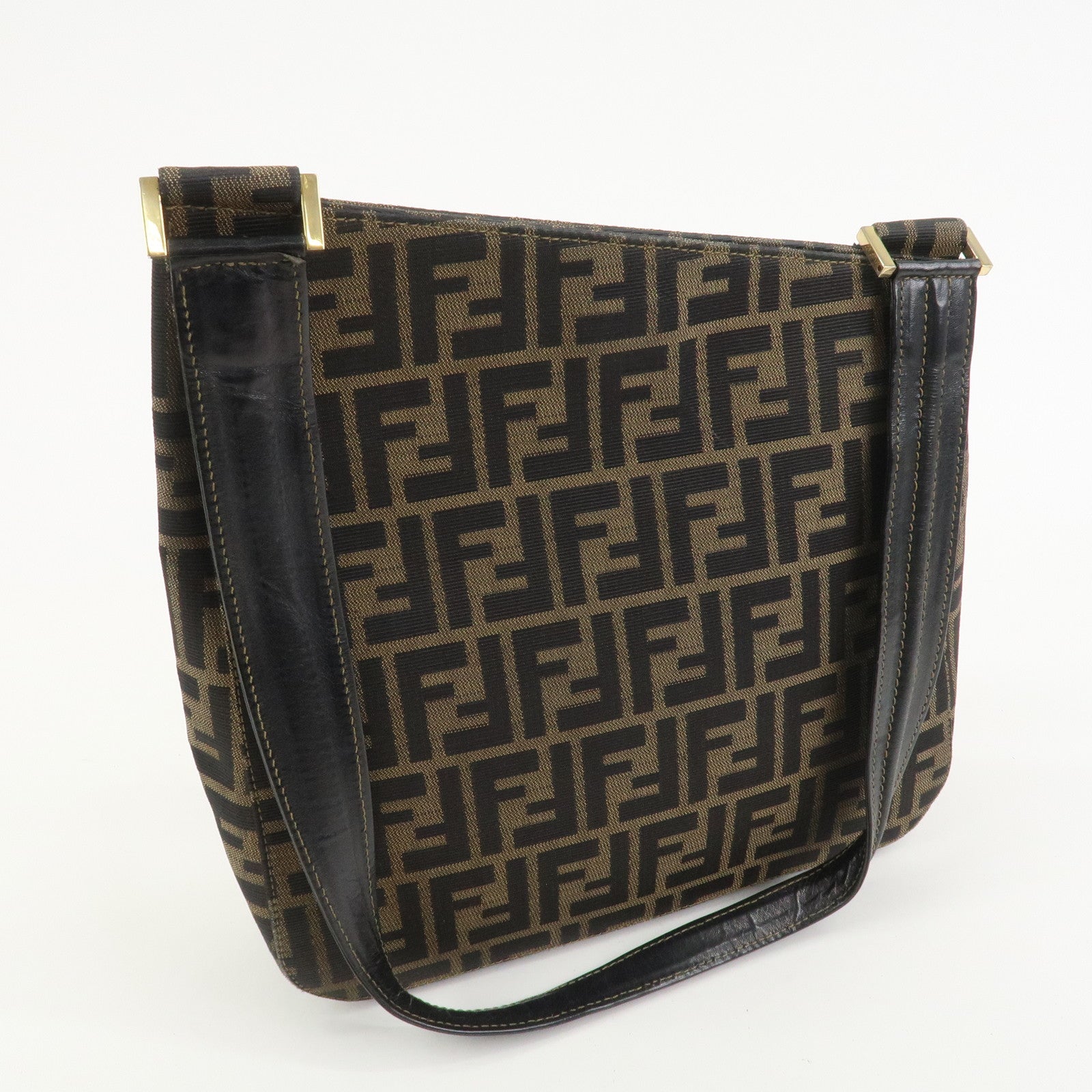 FENDI Zucca Canvas Leather Shoulder Bag Hand Bag Brown Black