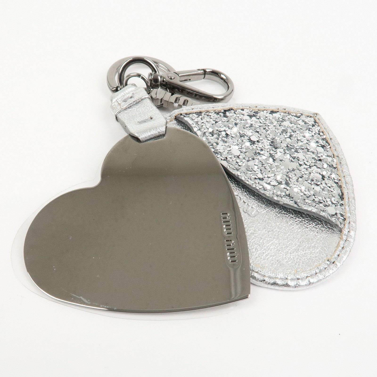 MIU MIU Heart Motif Glitter Leather Key Chain Bag Charm Silver