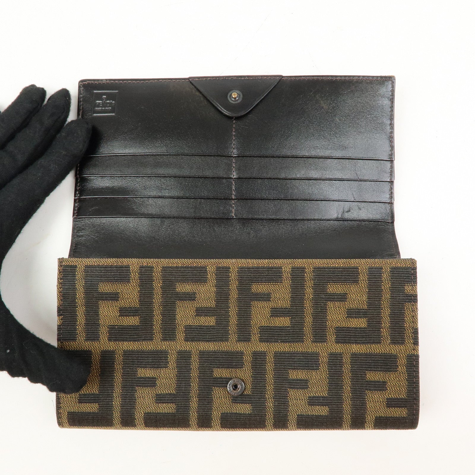 FENDI Zucca Canvas Leather Bi-Fold Long Wallet Black Brown 8M0000