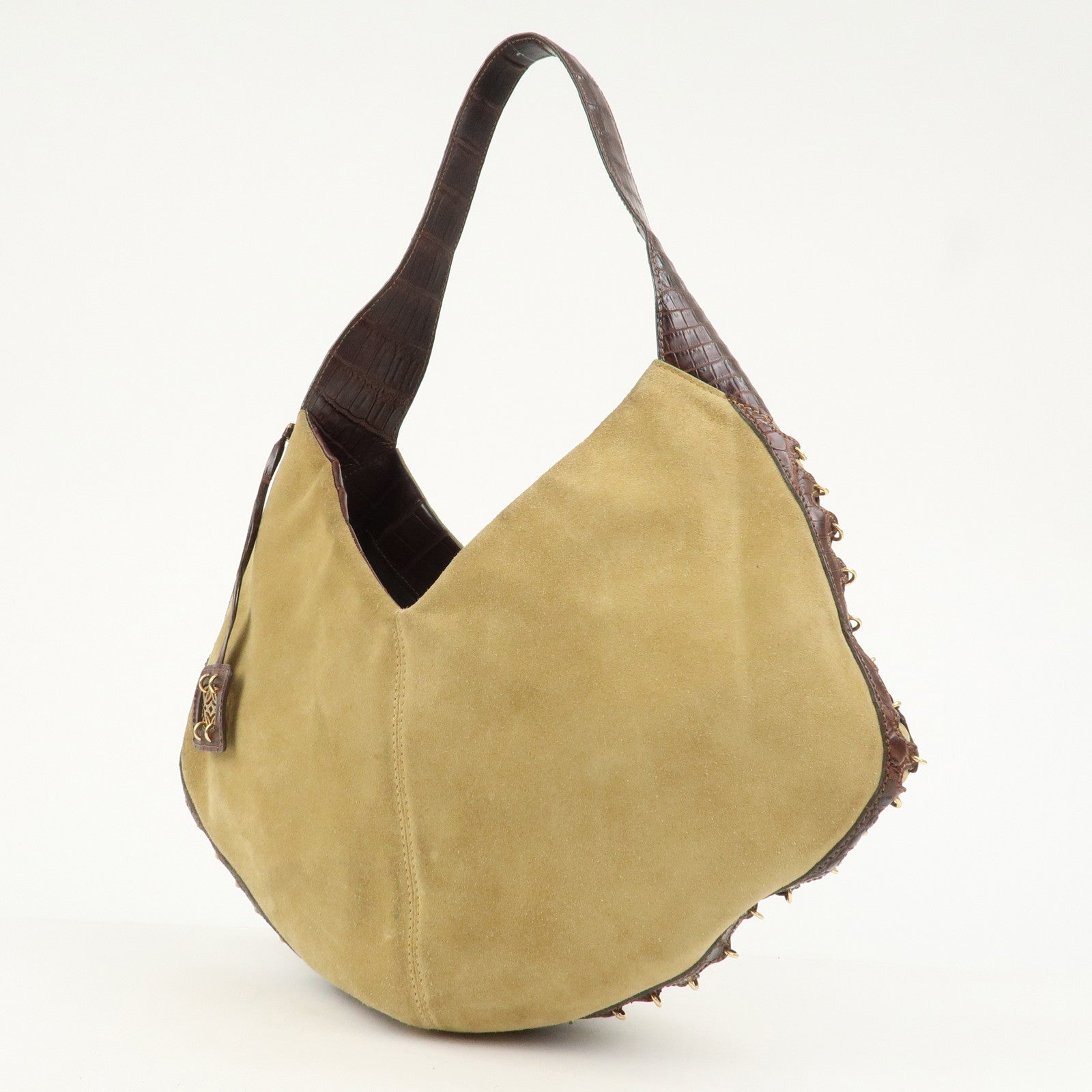 LOEWE Anagram Suede Embossed Leather Shoulder Bag Hand Bag Beige