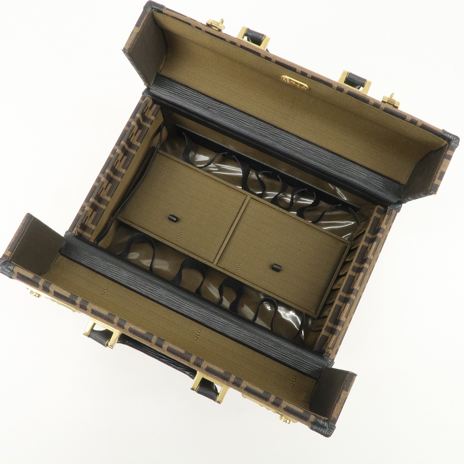 FENDI Zucca Canvas Leather Vanity Bag Makeup Box Brown Black