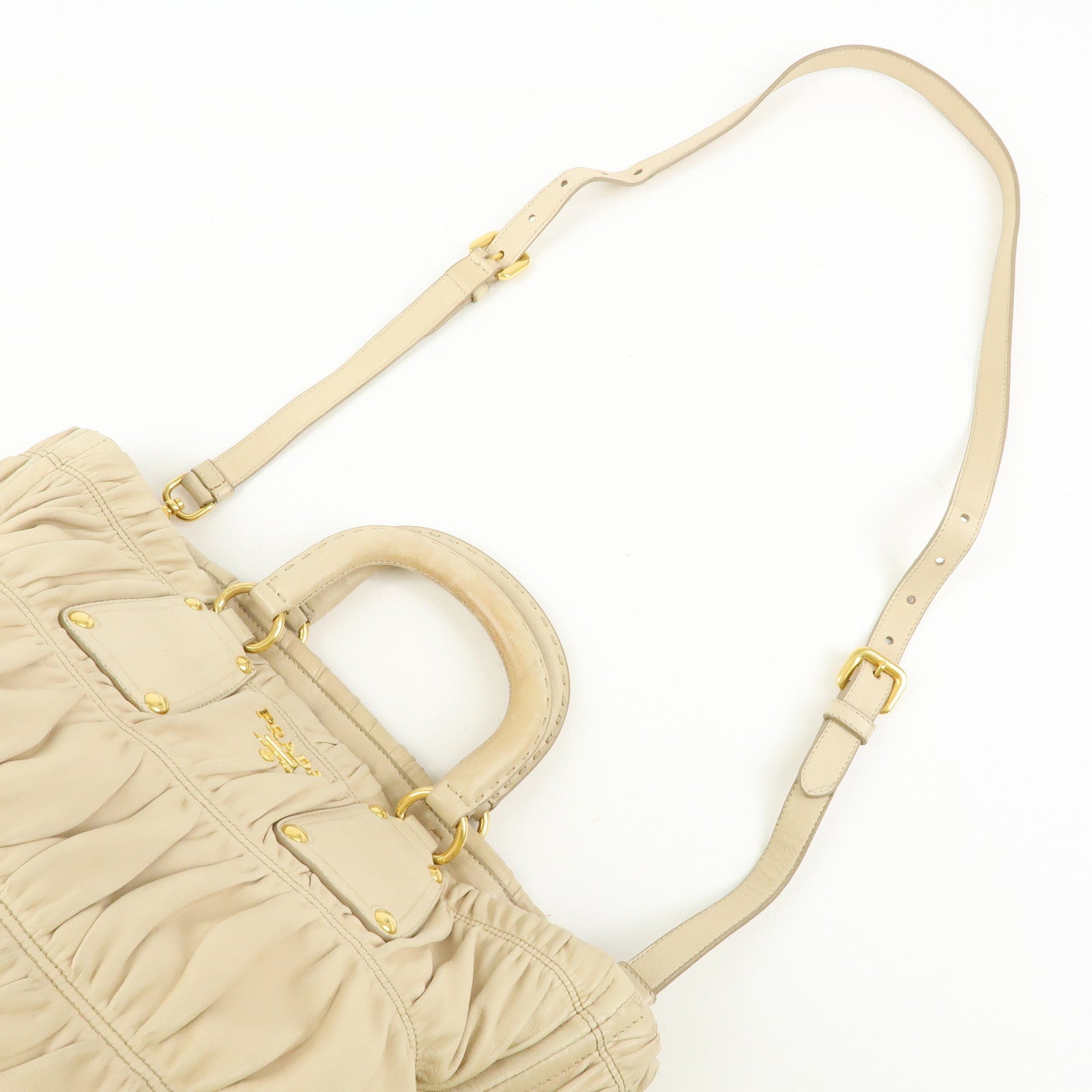 PRADA Logo Gathered Leather 2Way Hand Bag Shoulder Bag Beige BN1924