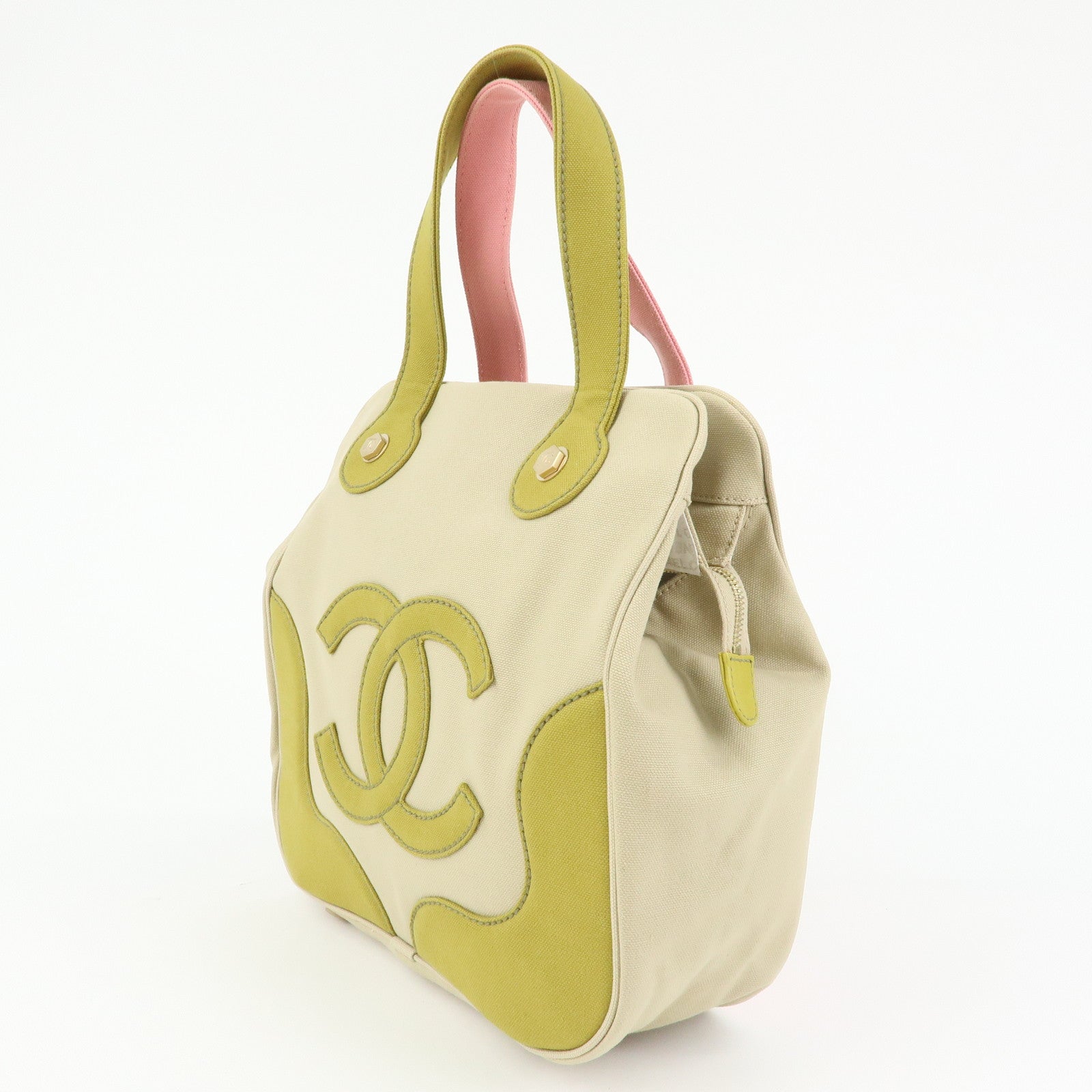 CHANEL Marshmello COCO Mark Canvas Hand Bag Beige Light Green Pink