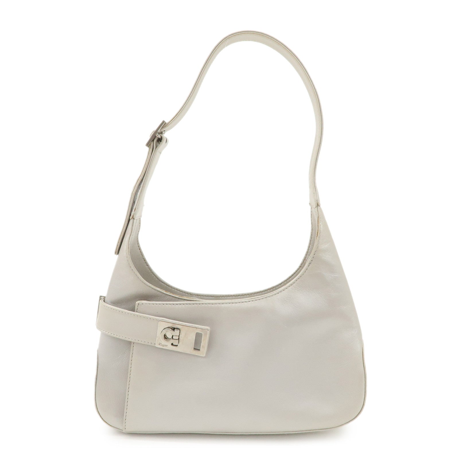 Ferragamo Gancini Leather Shoulder Bag Hand Bag Silver Used