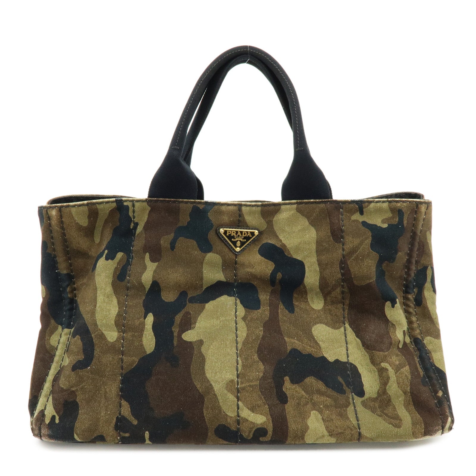 PRADA Canapa Large Tote Bag Hand Bag Khaki Black Brown BN1872
