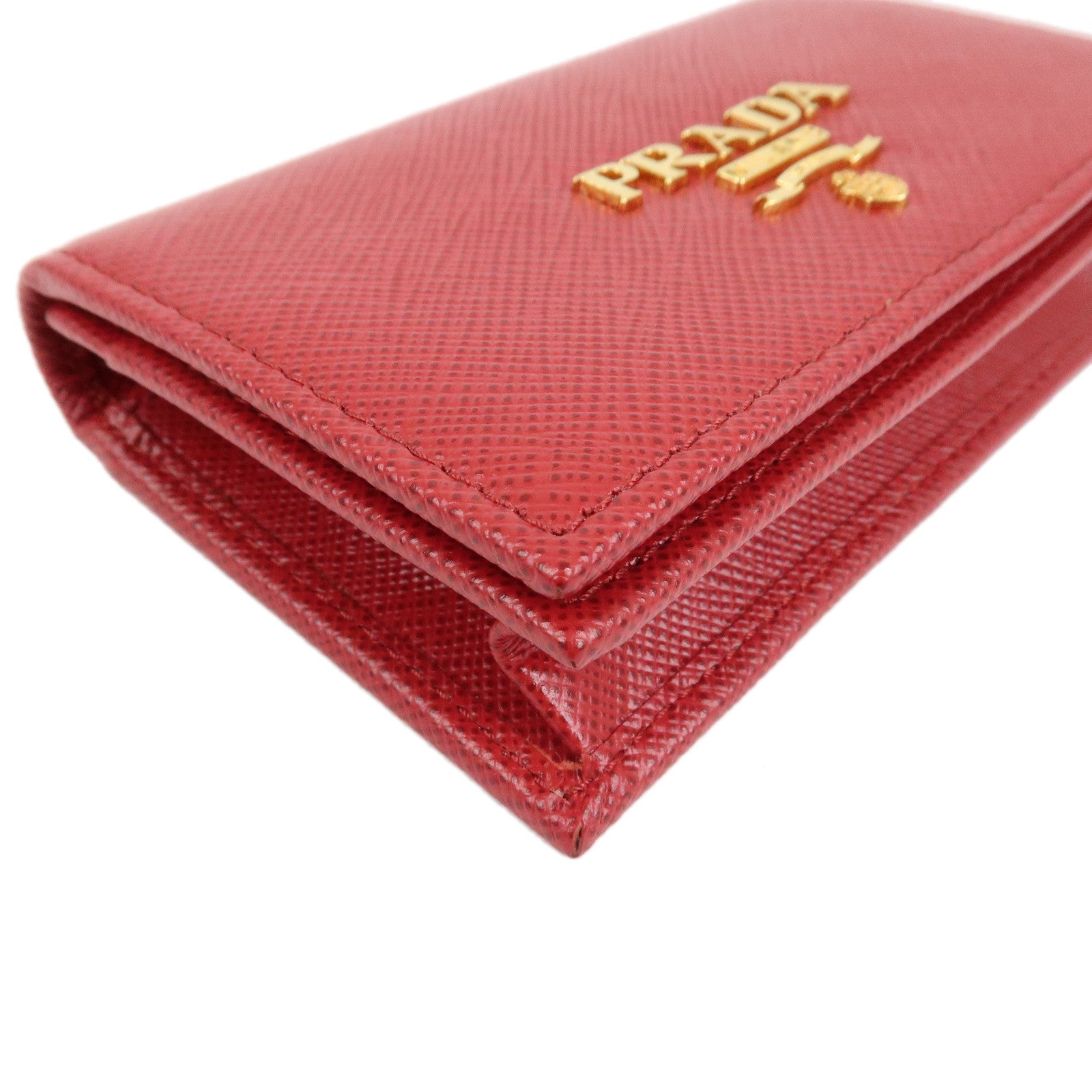 PRADA Logo Saffiano Leather Card Case Red Gold 1MC122