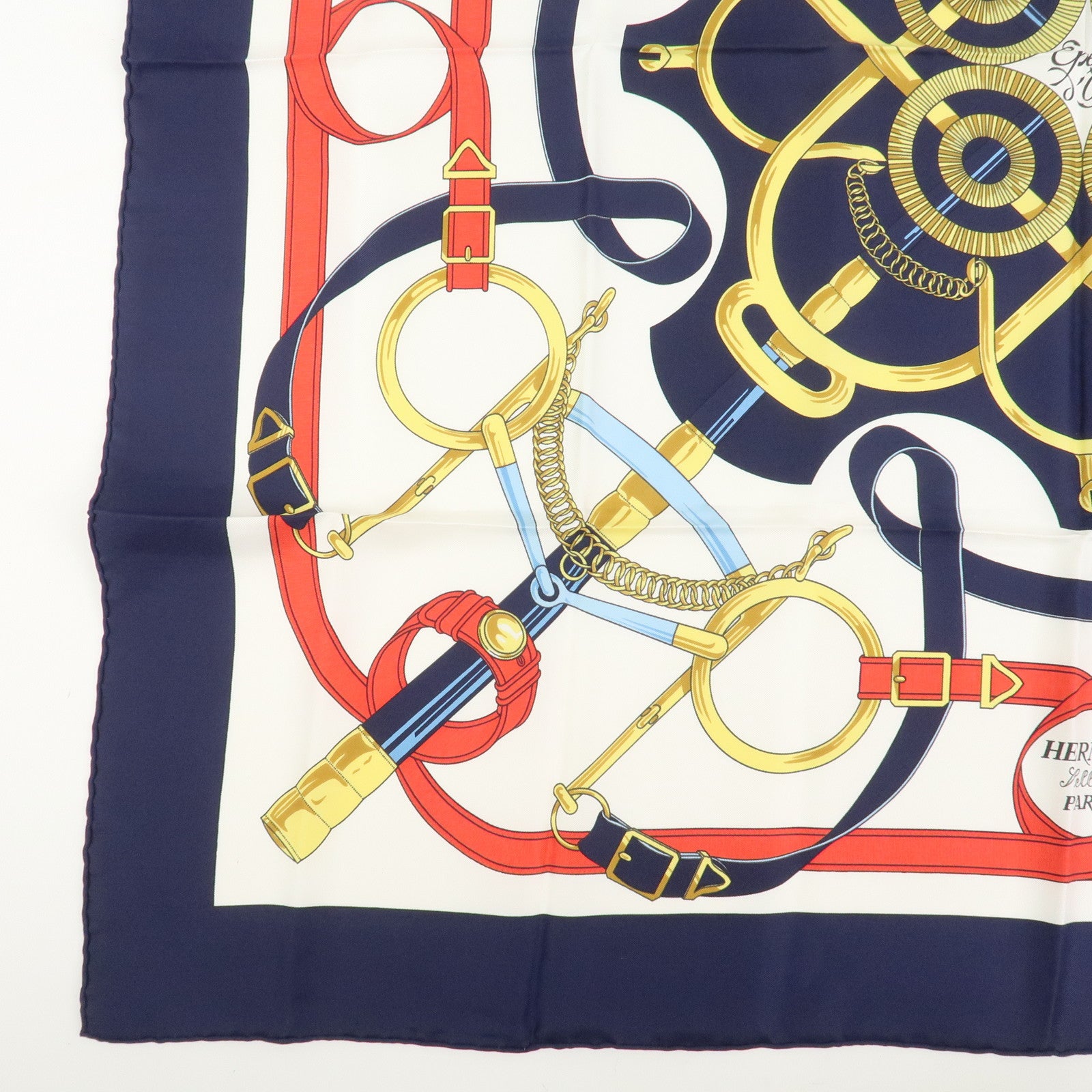 HERMES Carre 90 Silk 100% Scarf Eperon d'or Navy White