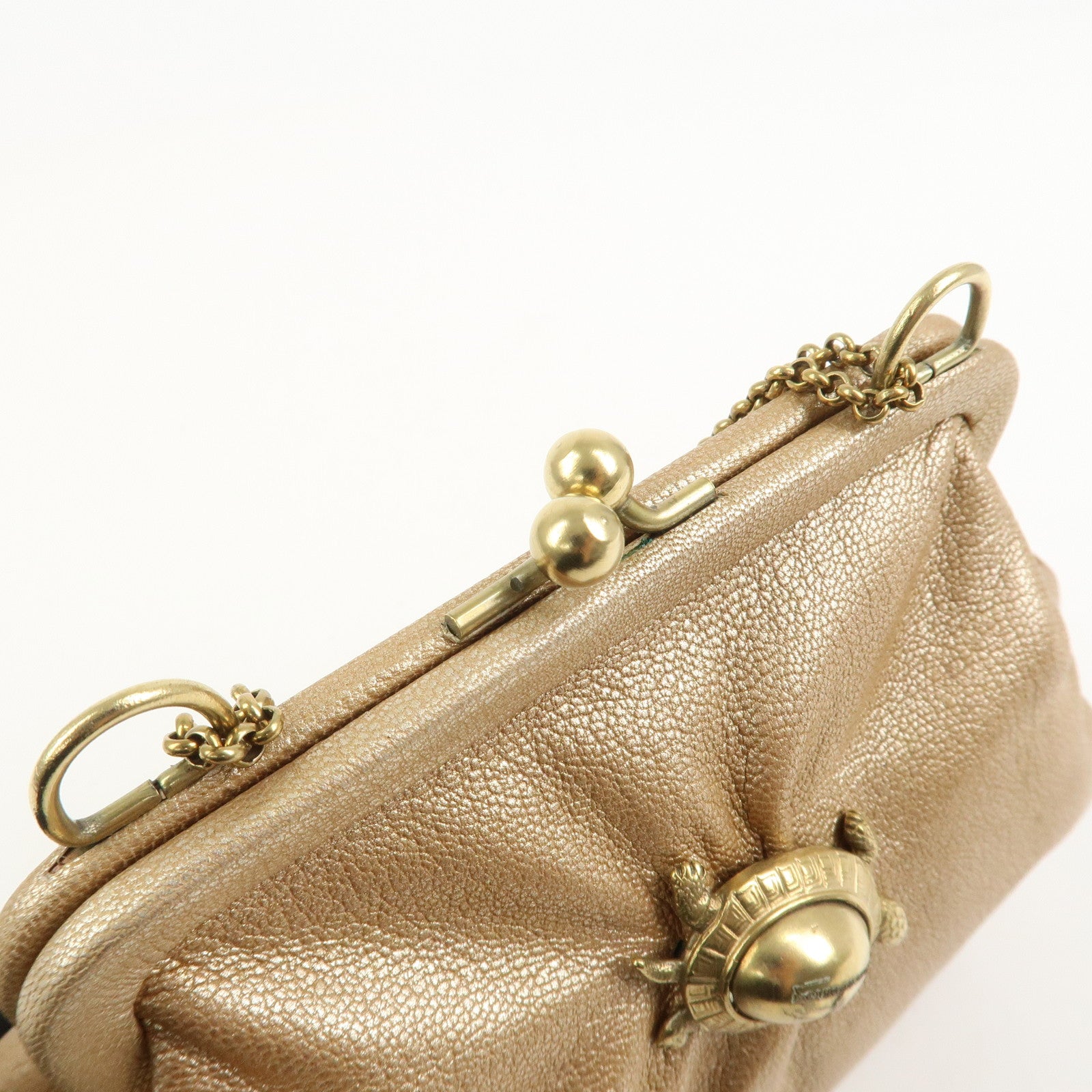 Ferragamo Leather Turtle Motif Chain Hand Bag Metallic Pink Beige