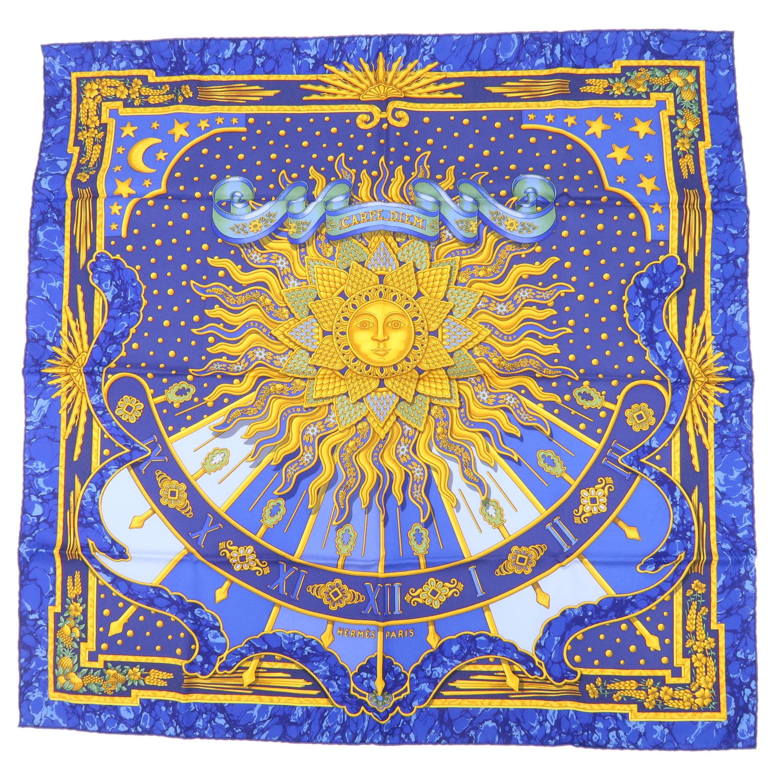 HERMES Carre 90 Silk 100% Scarf CARPE DIEM Blue Yellow