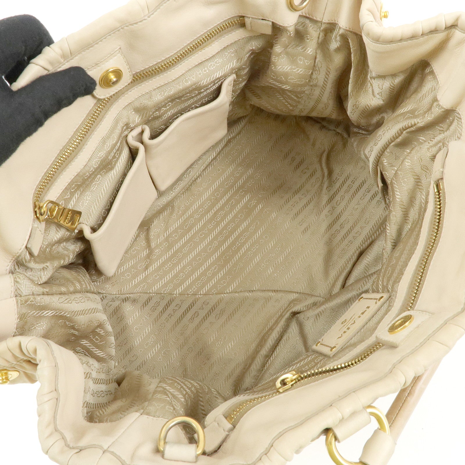 PRADA Logo Gathered Leather 2Way Hand Bag Shoulder Bag Beige BN1924