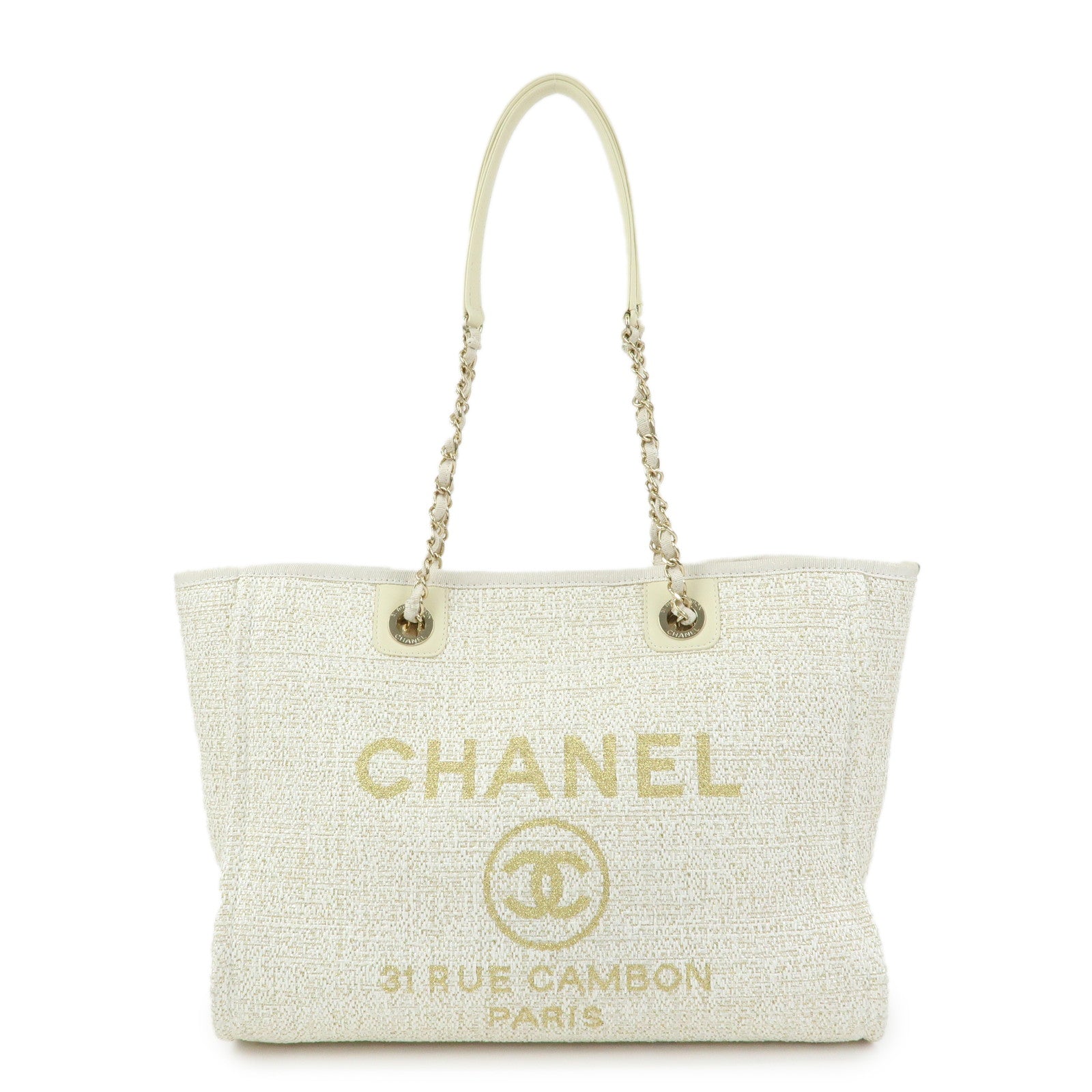 CHANEL Deauville MM Straw Leather Tote Shoulder Bag White A67001