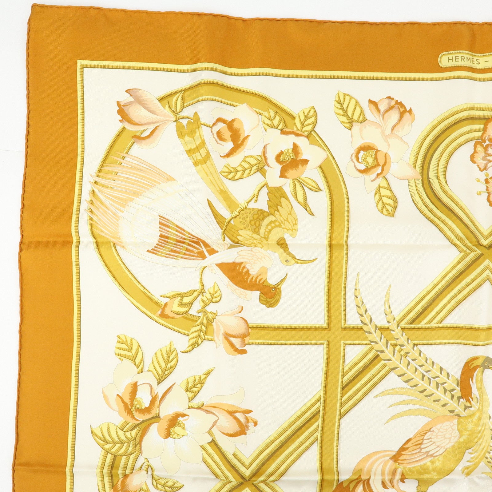 HERMES Carre Silk 100% Scarf Caraibes Oiseaux Light Brown