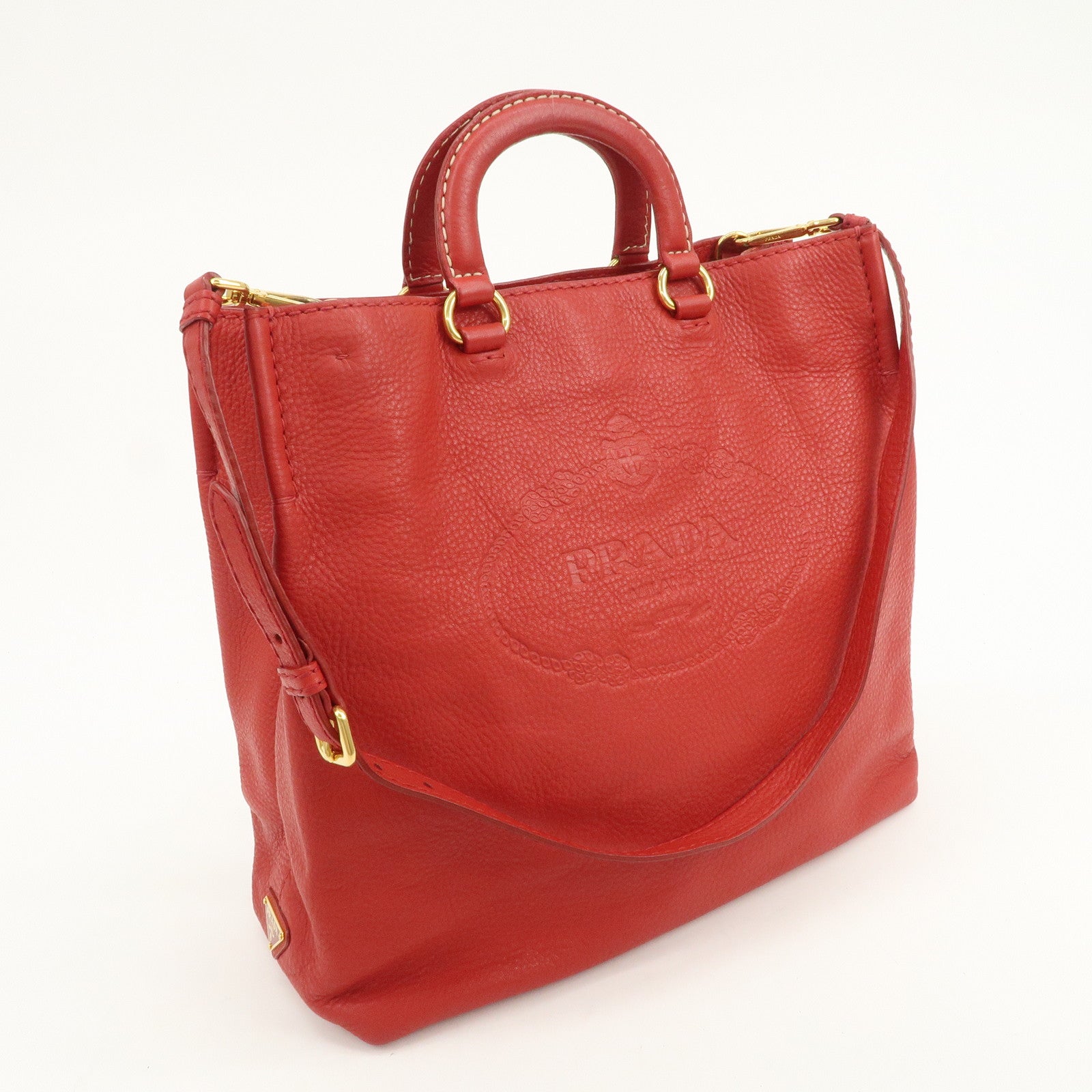 PRADA Vitello Daino Leather 2Way Tote Bag Shoulder Bag Red BR4617