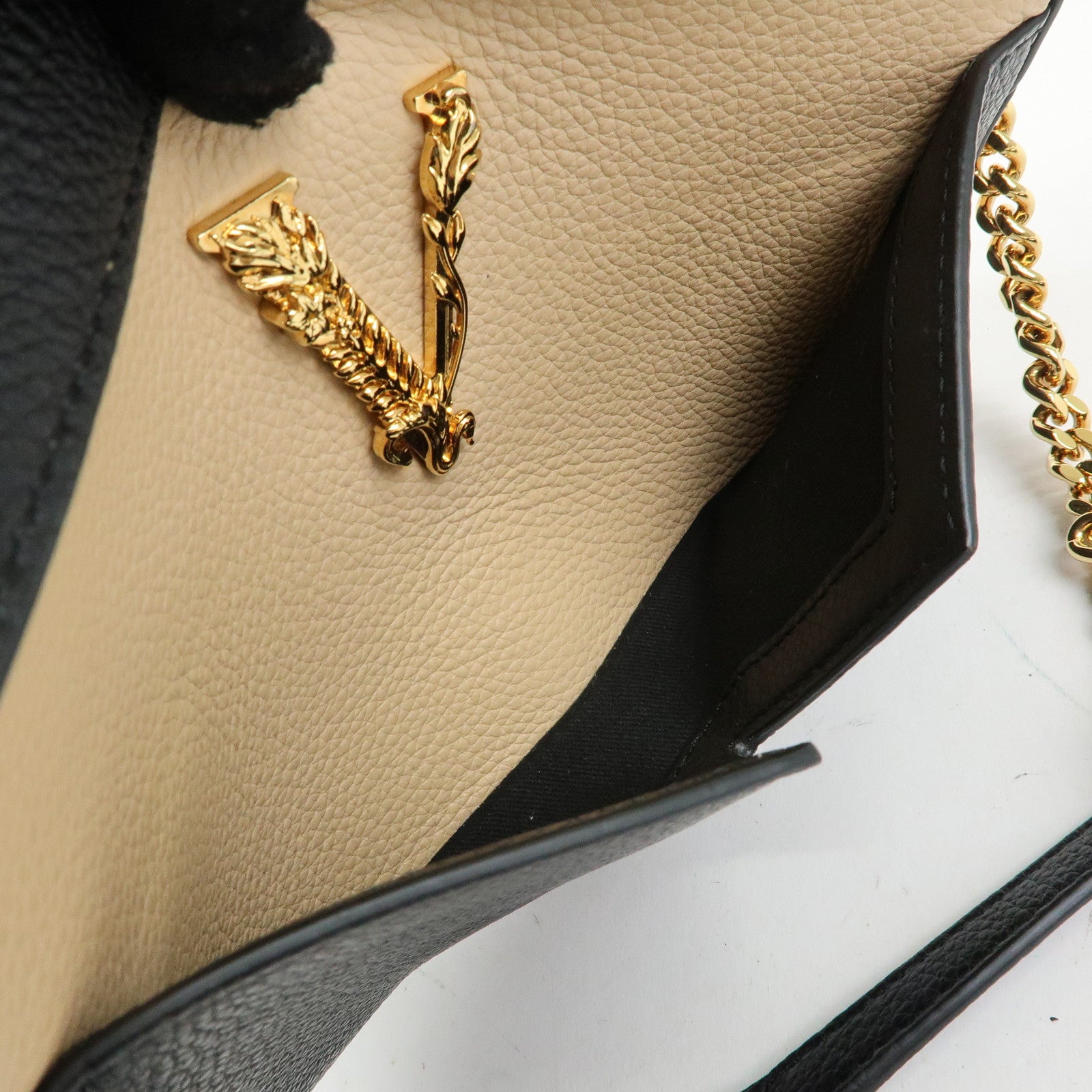 VERSACE Virtus Leather Shoulder Crossbody Bag Black Beige