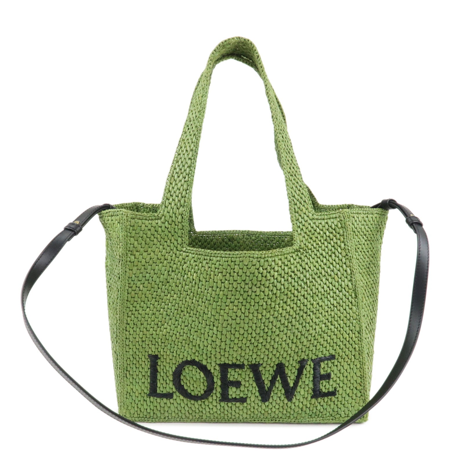 LOEWE Leather Raffia Logo 2Way Tote Bag Shoulder Bag Green Used