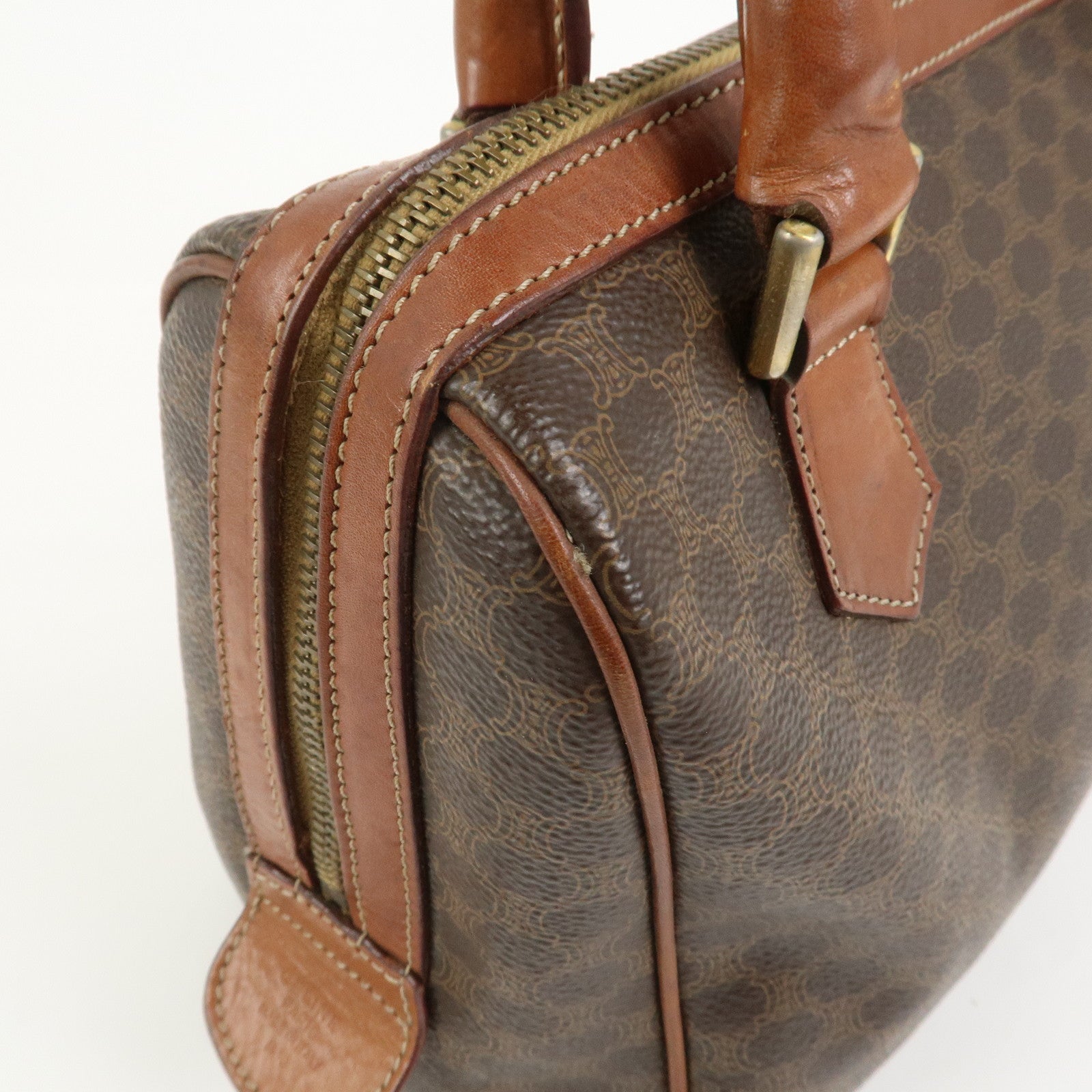 CELINE Macadam PVC Canvas Leather Boston Bag Hand Bag Brown