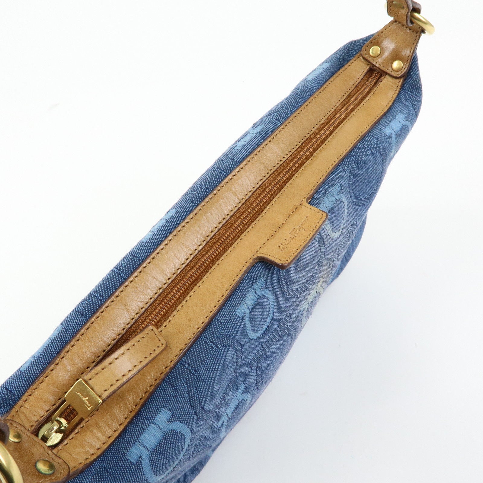 Ferragamo Gancini Canvas Leather Hand Bag Shoulder Bag Blue