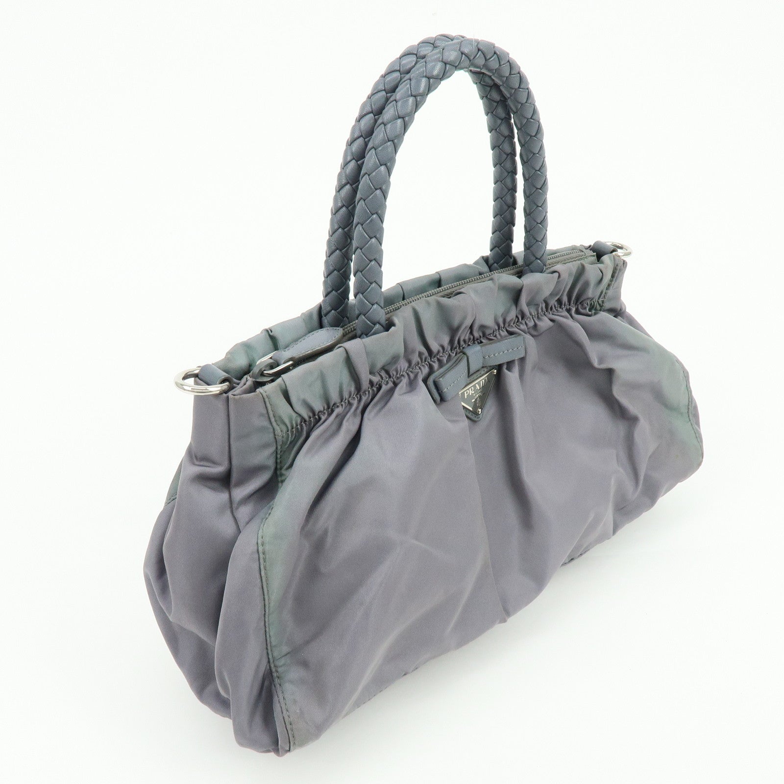PRADA Nylon Leather 2Way Gathered Ribbon Hand Shoulder Bag Gray
