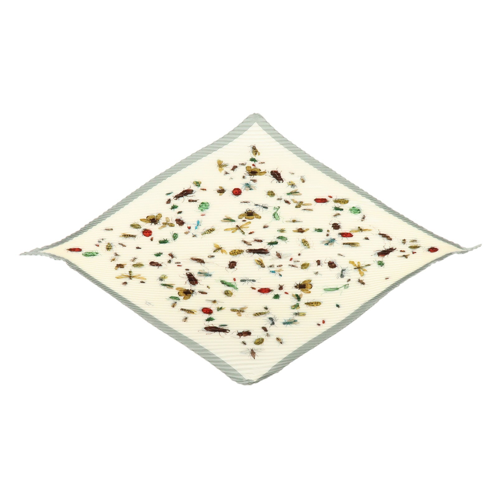HERMES Pleats Carre Silk 100% Scarf Insect Ivory Grey Multicolor