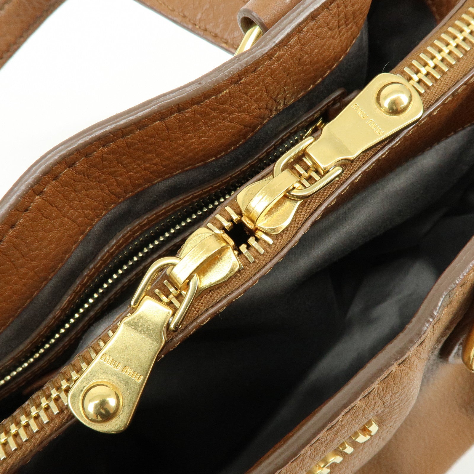 MIU MIU Leather Vitello Caribu 2Way Bag Hand Bag Brown RN0757